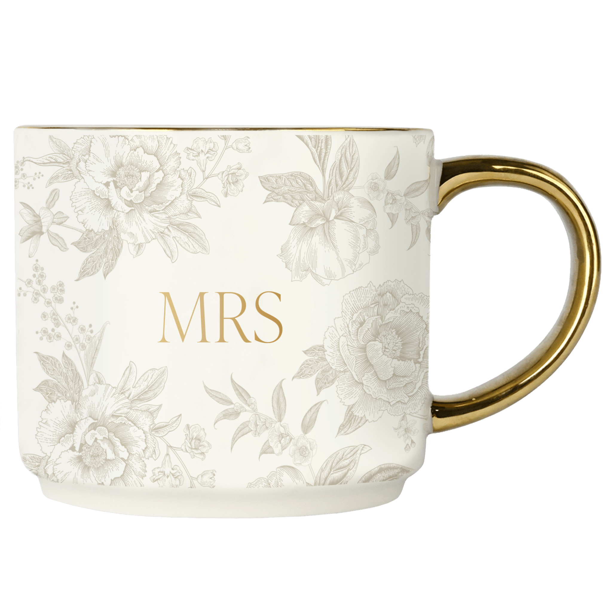Cream ceramic mug with gold handle featuring "MRS" text and delicate floral design in sage and cream tones.