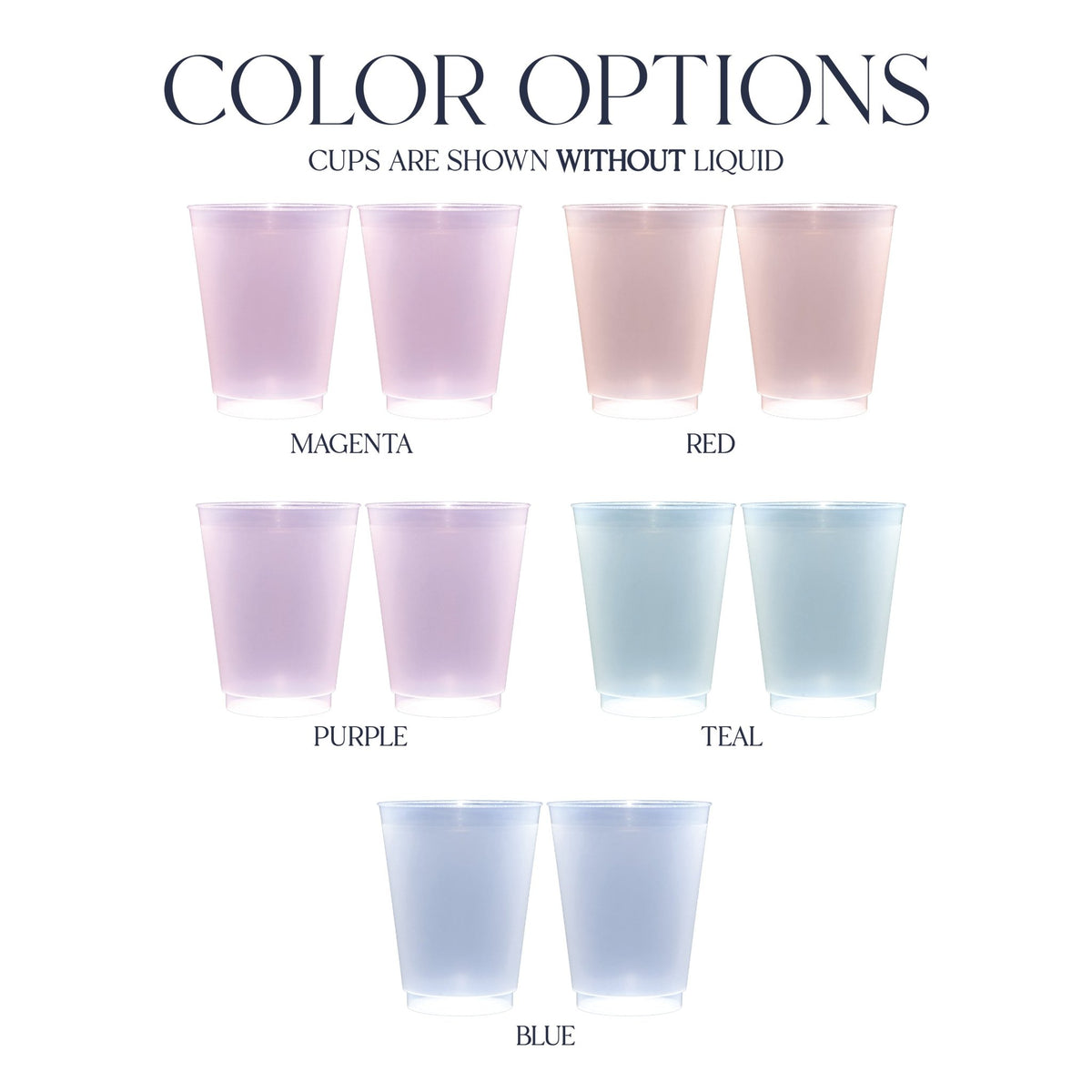 Color changing frosted cups shown without liquid in pastel magenta, red, purple, teal and blue