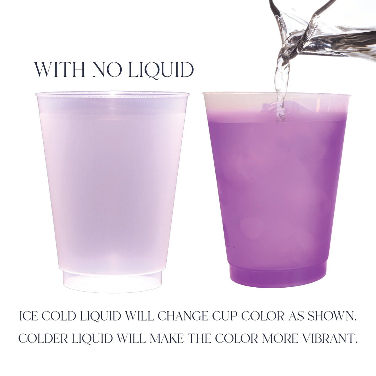 Frosted shatterproof cup changing from pastel to vibrant purple as ice cold water is poured in
