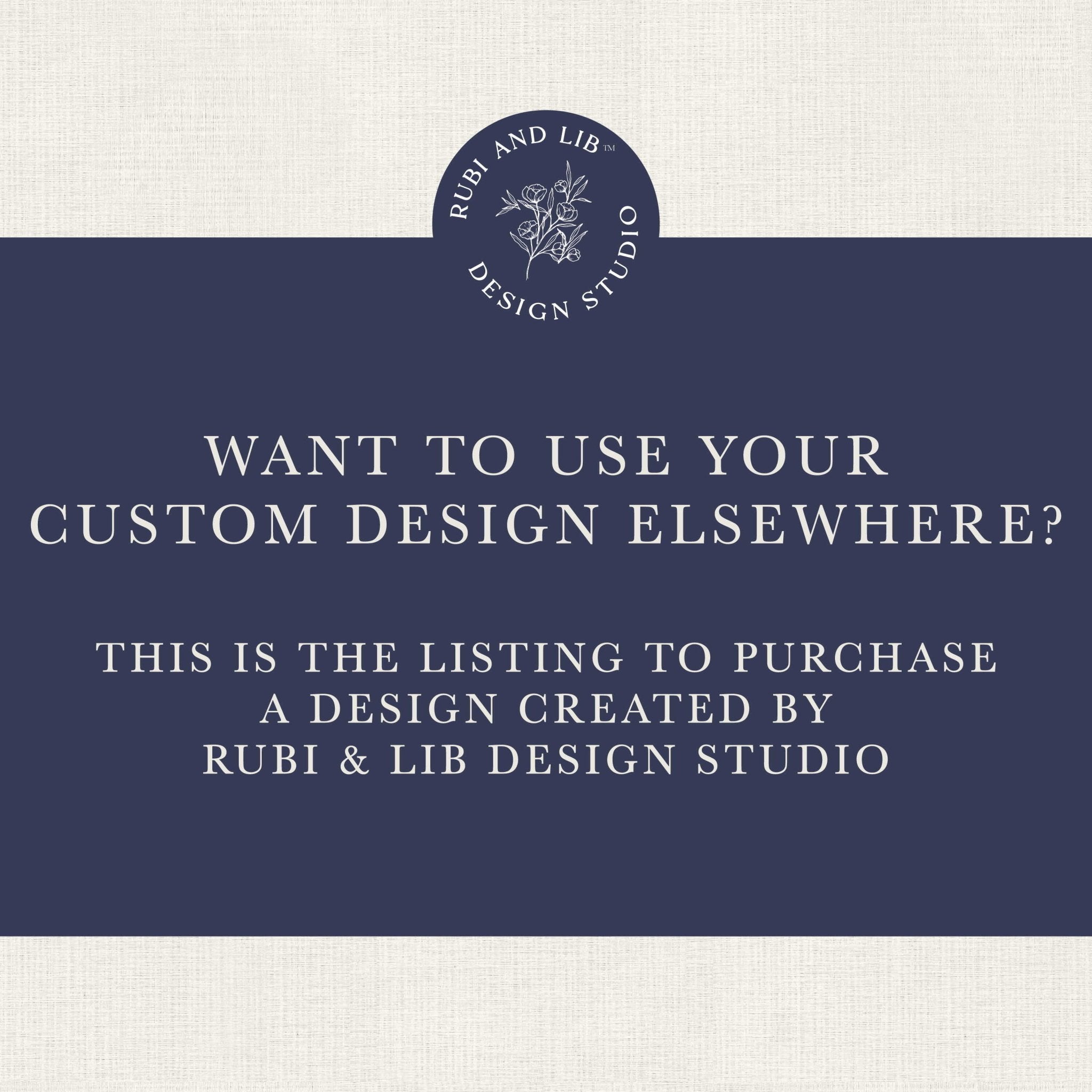 Navy blue card with Rubi & Lib Design Studio logo and text about purchasing custom design digital files with extended license.
