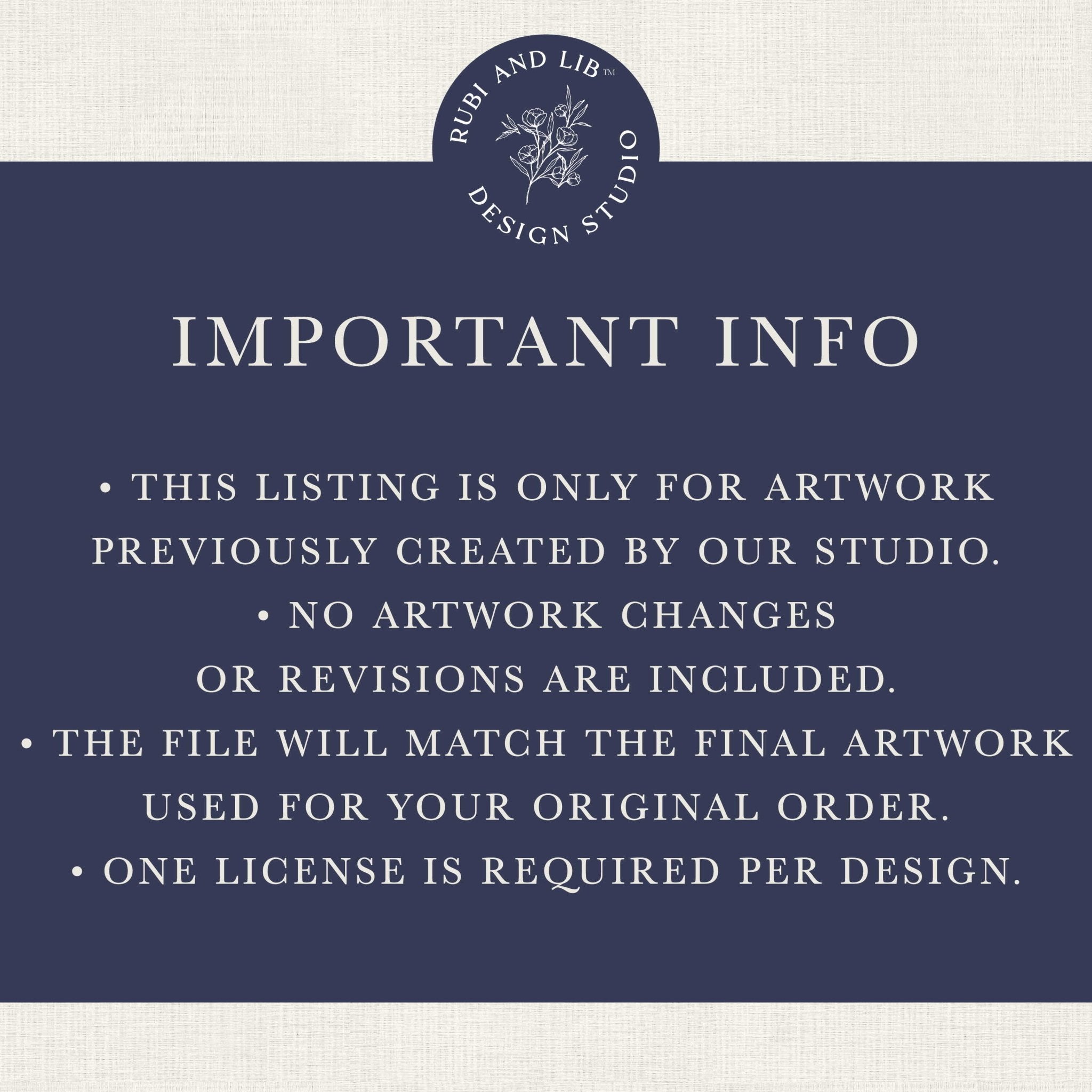 Navy blue information card with white text detailing artwork licensing terms and conditions for Rubi and Lib Design Studio.