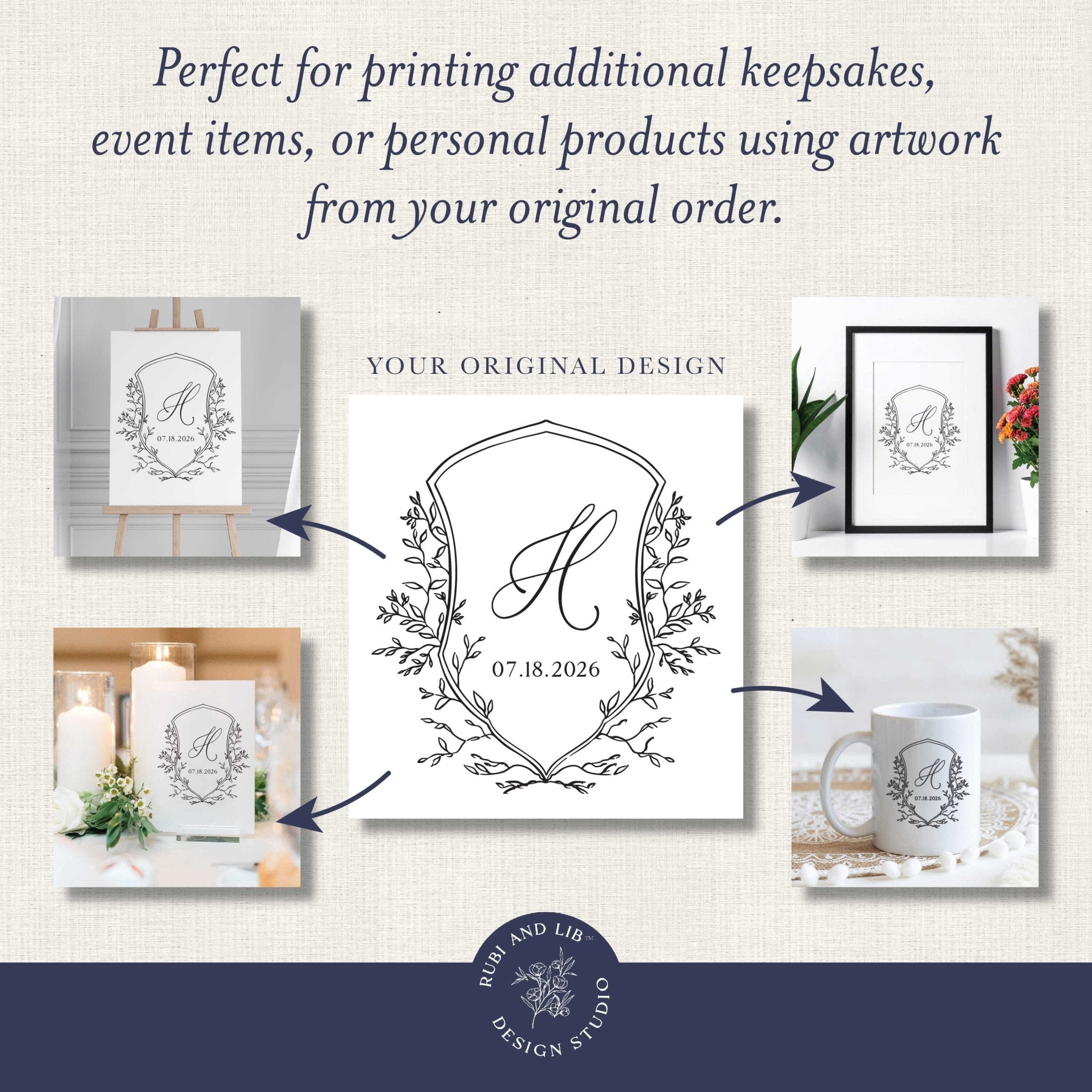 Custom monogram design digital file showing letter A in ornate wreath frame with extended license examples on drinkware and signs