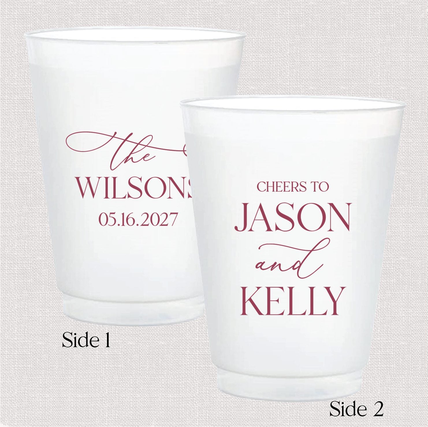 Two frosted shatterproof cups side by side showing both sides of the Elegant Last Name personalized wedding cup design