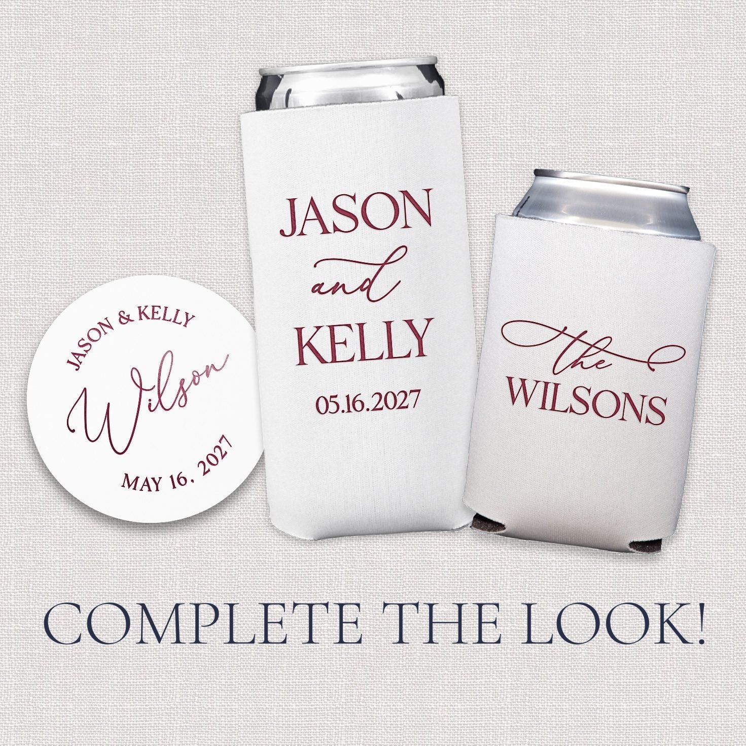 Complete the Look graphic showing Elegant Last Name coaster, slim can cooler, and standard can cooler from the matching wedding collection