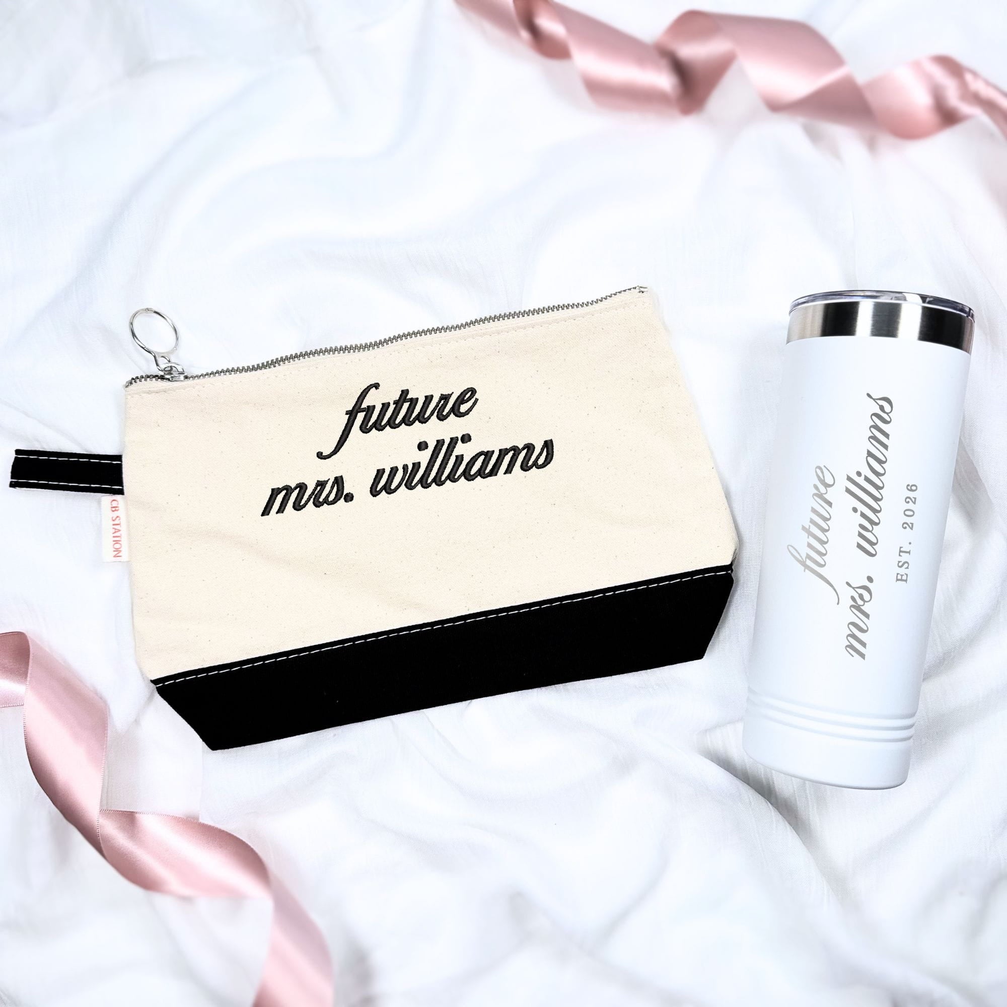 Personalized cosmetic bag and white tumbler gift set with bride script text design