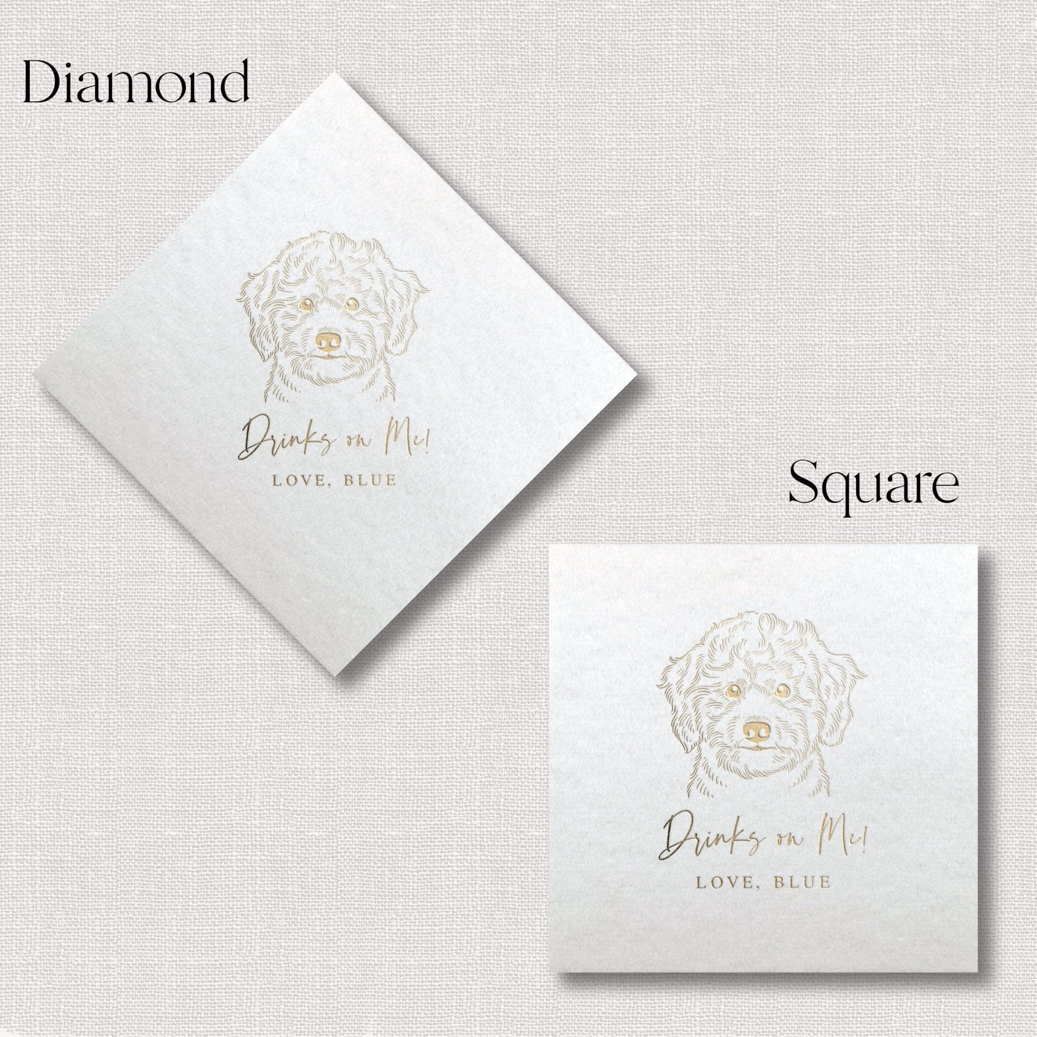 White napkins with gold foil dog portrait and "Don't say I do, Love, Blue" text in diamond and square shapes