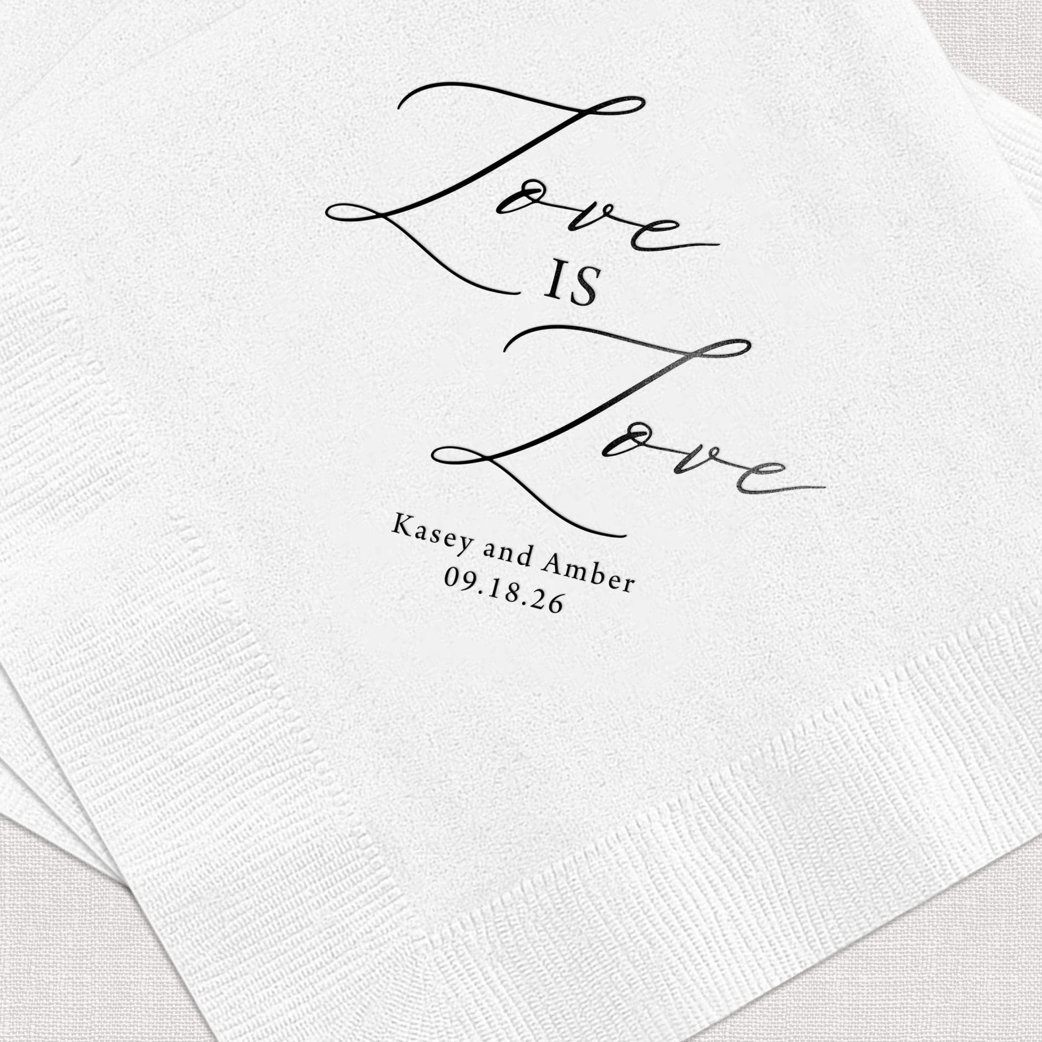 White foil-stamped napkins with "Love is Love" text and personalized names and wedding date below.