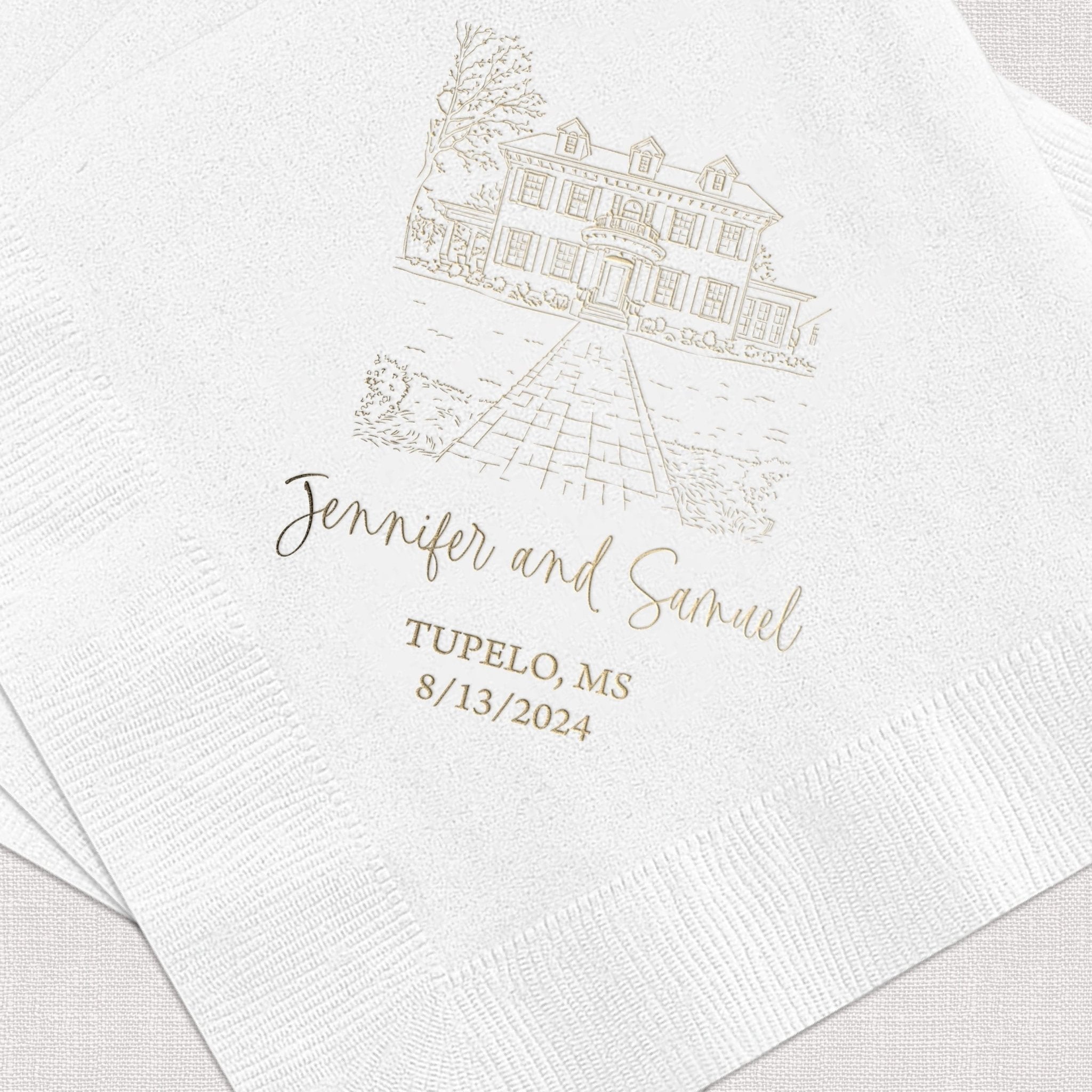 White cocktail napkin with gold venue illustration and personalized names Jennifer and Samuel, Tupelo MO date 8/13/2024