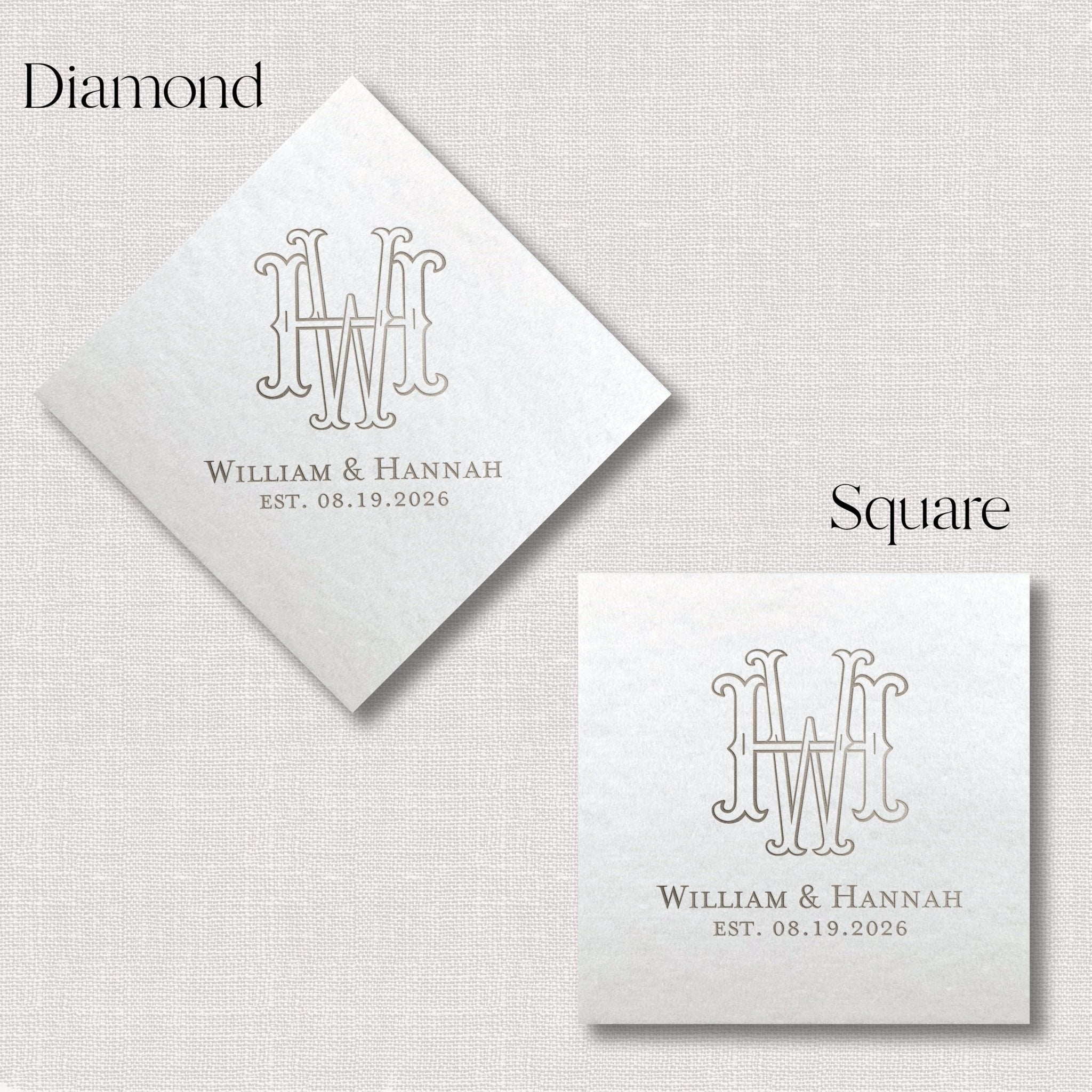 White linen napkins with interlocking monogram and "William & Hannah EST. 08.19.2006" in diamond and square shapes.