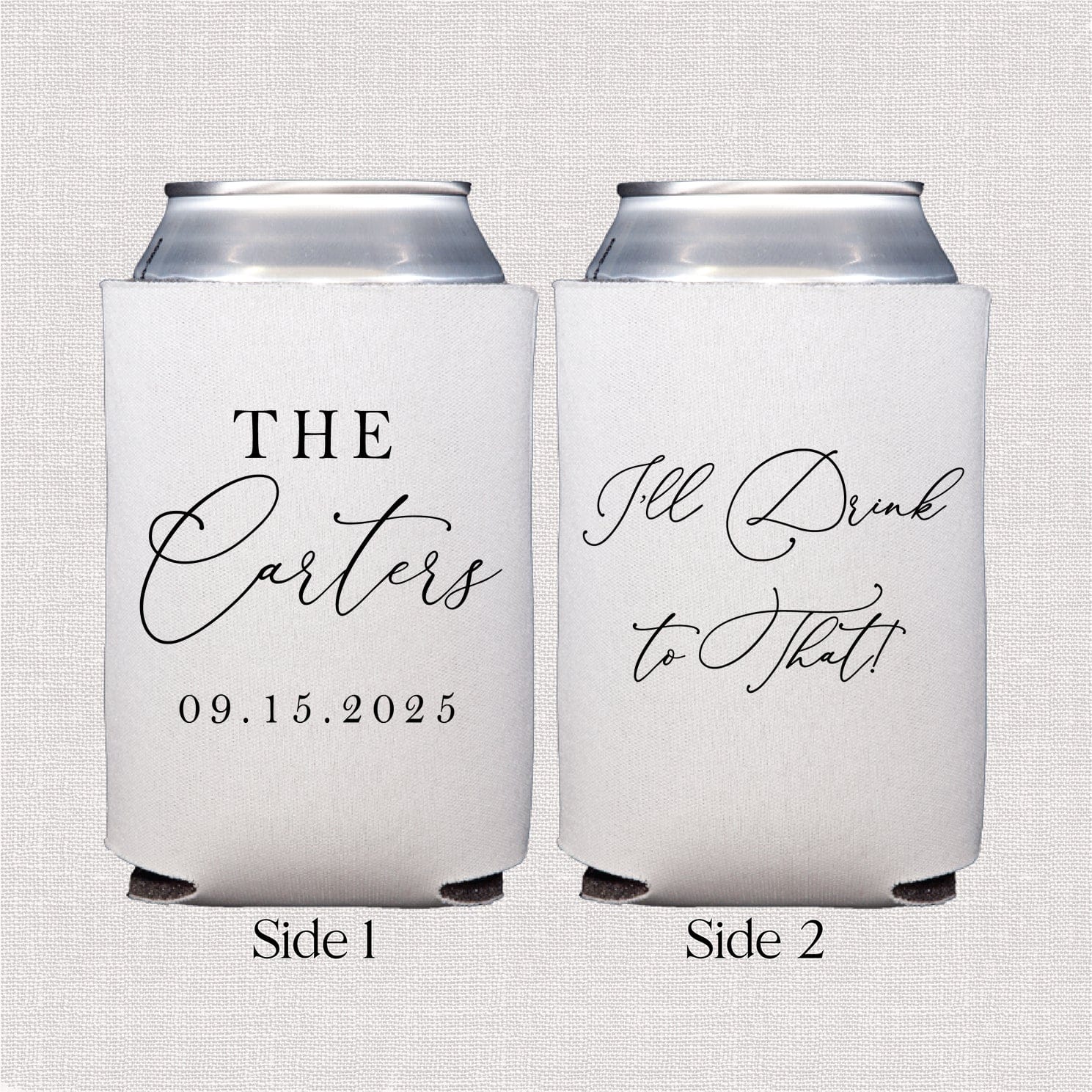 Two white can koozies with black script text: "The Carters 09.15.2025" on front, "Still Drunk to Start" on back, with gray can tops visible.