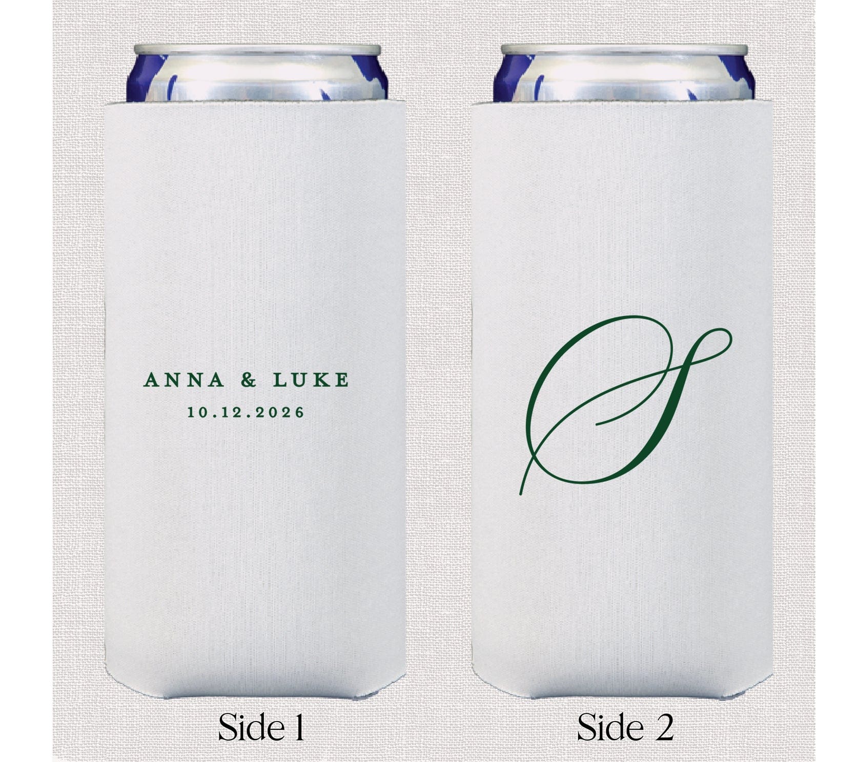 White slim can coolers with navy and green personalization, displaying "Anna & Luke 10.19.2026" on one side and an elegant monogram "L" on the reverse.