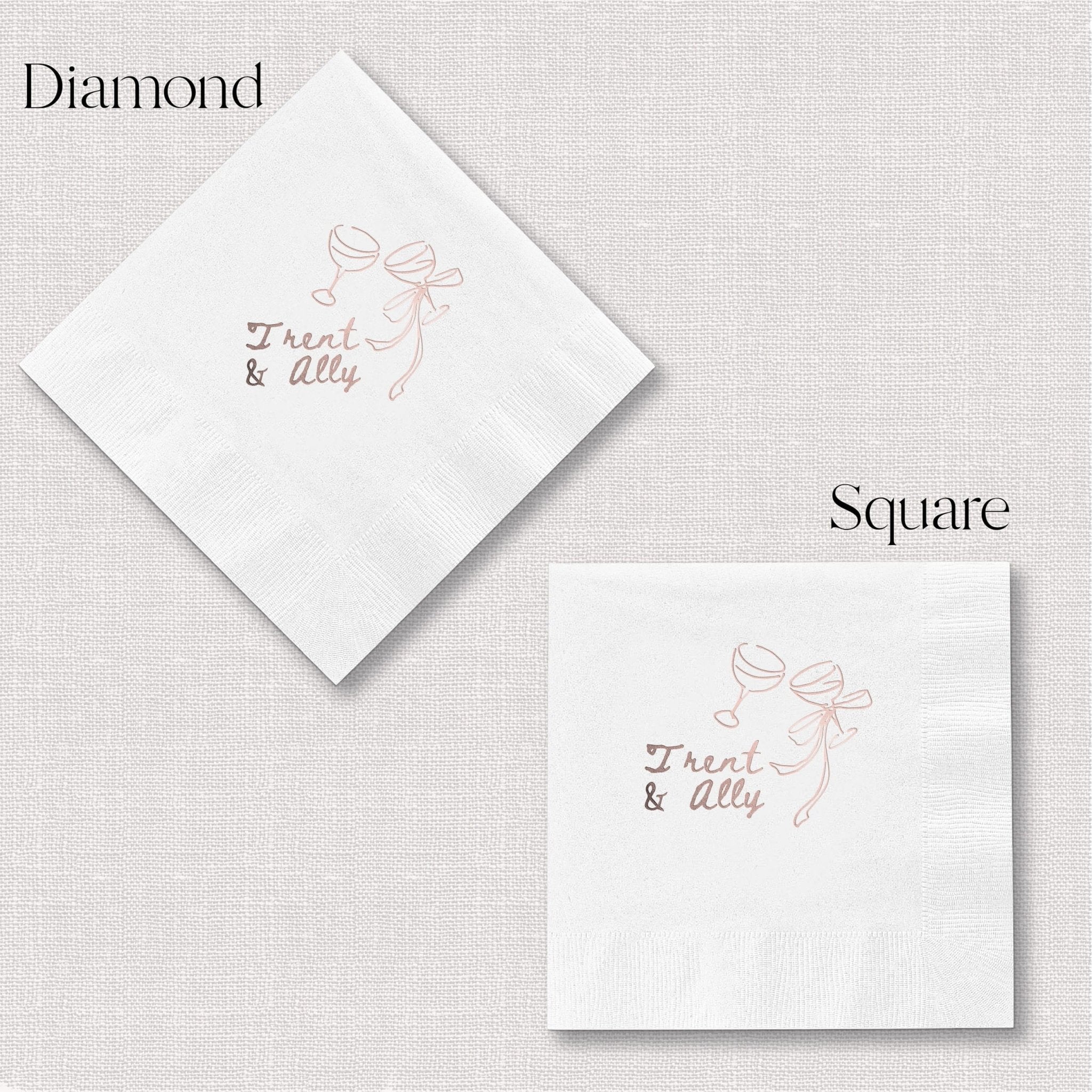 White napkins in diamond and square shapes with pink foil-stamped design reading "Toast to Allie" and decorative bow graphic