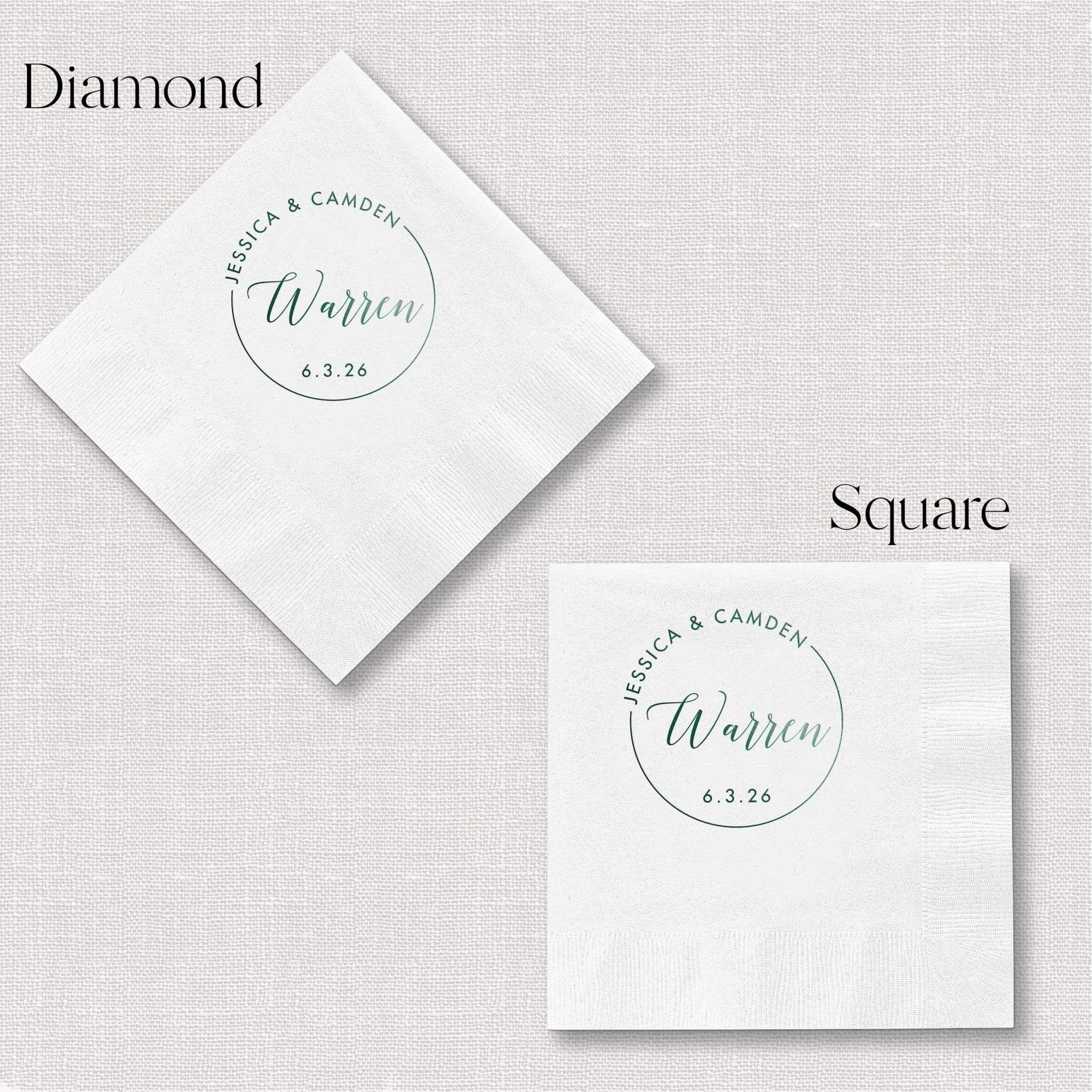 White napkins with foil-stamped circle monogram reading "Warren" and date "4.3.23" in diamond and square shapes