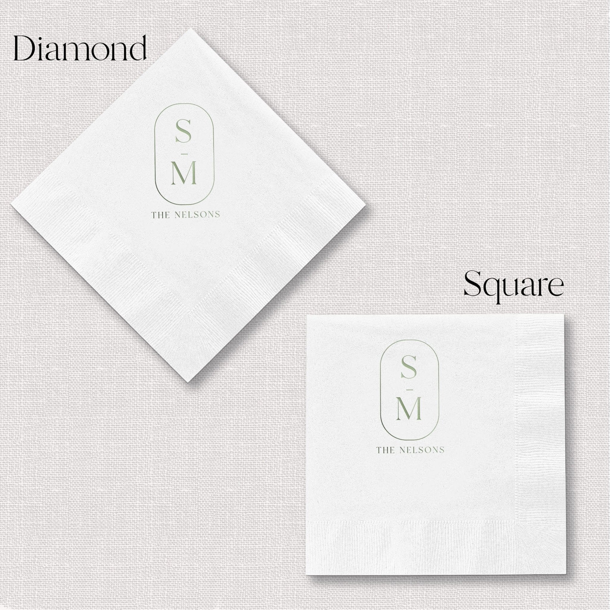 White napkins in diamond and square shapes with personalized monogram and couple's name in foil stamping