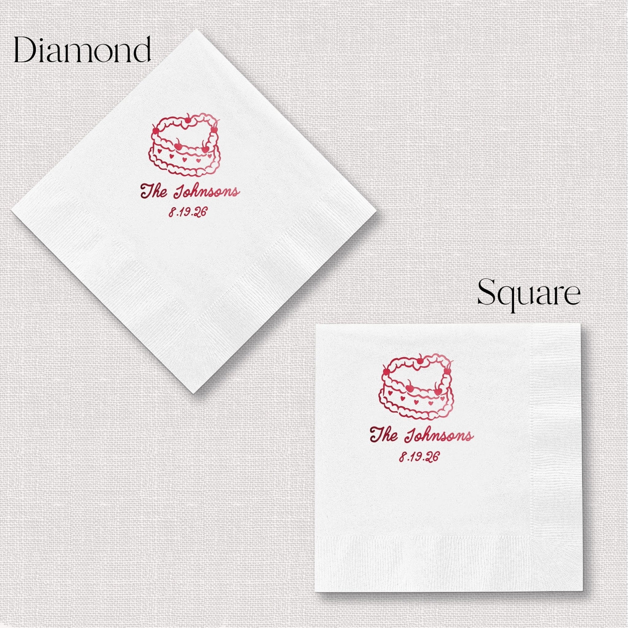 White cocktail napkins with pink foil-stamped cake design and personalized names and date in diamond and square shapes