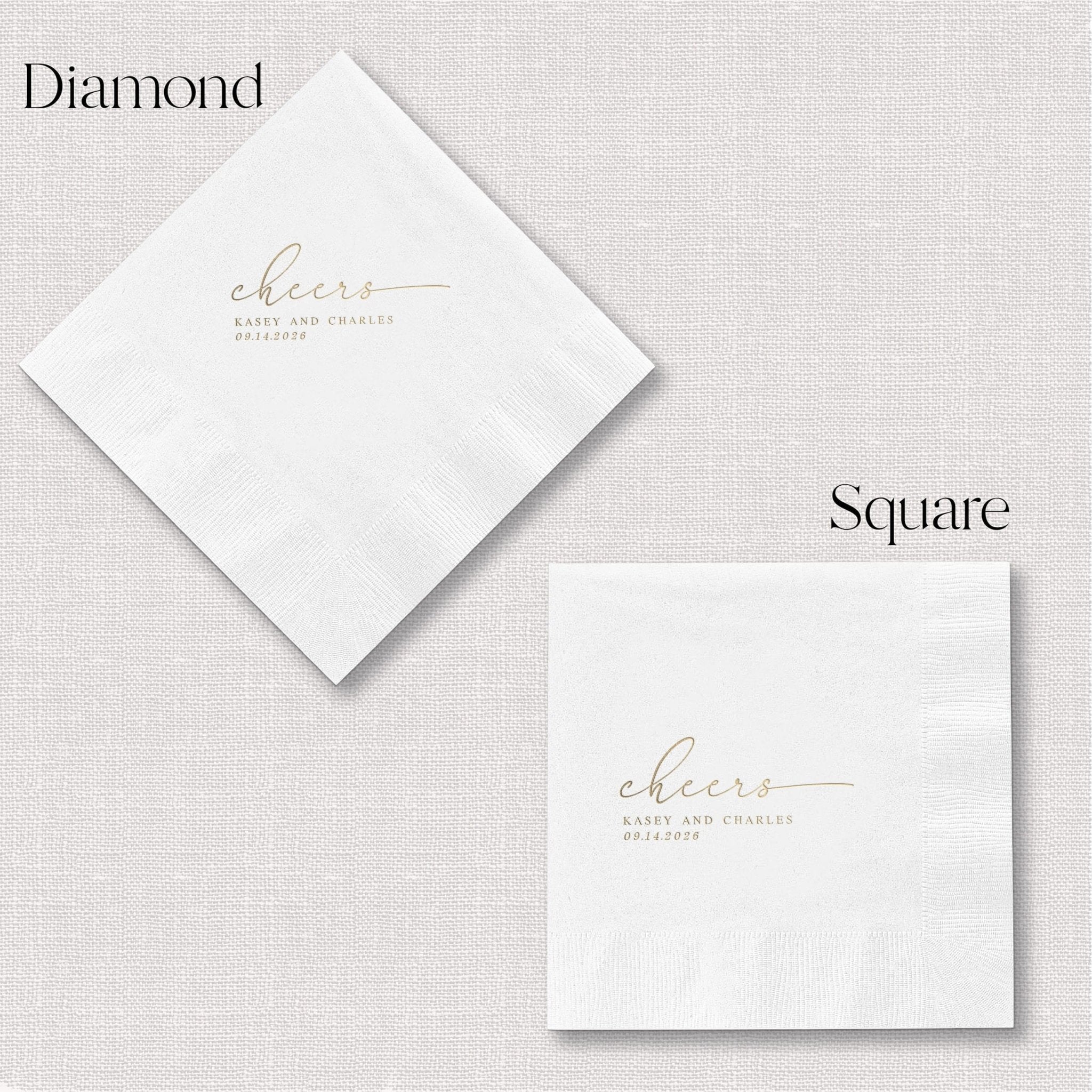 White napkins with "cheers" text in gold foil and personalization details, shown in diamond and square fold styles