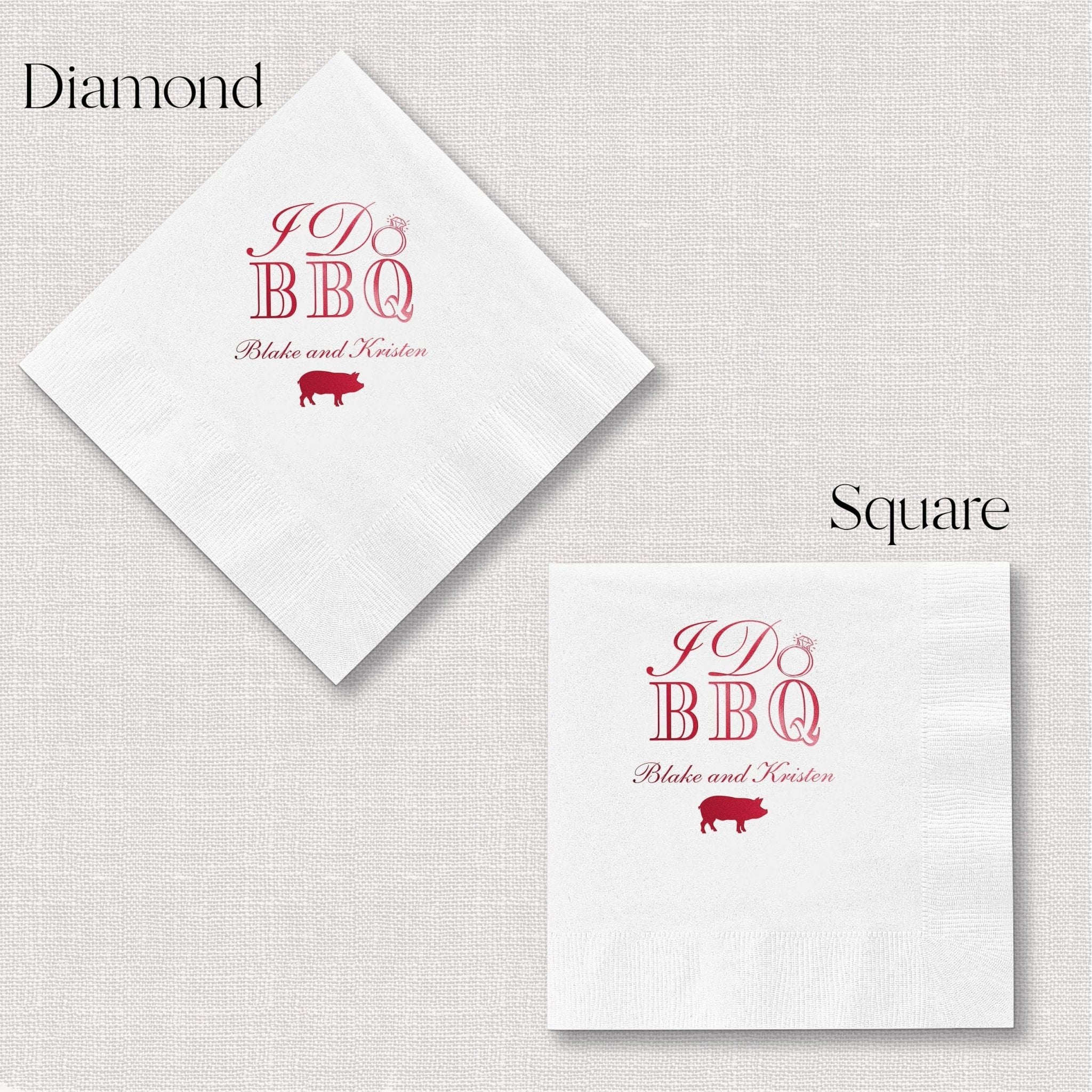 White napkins with pink foil-stamped "I Do BBQ" design, pig graphic, and personalized names in diamond and square shapes.
