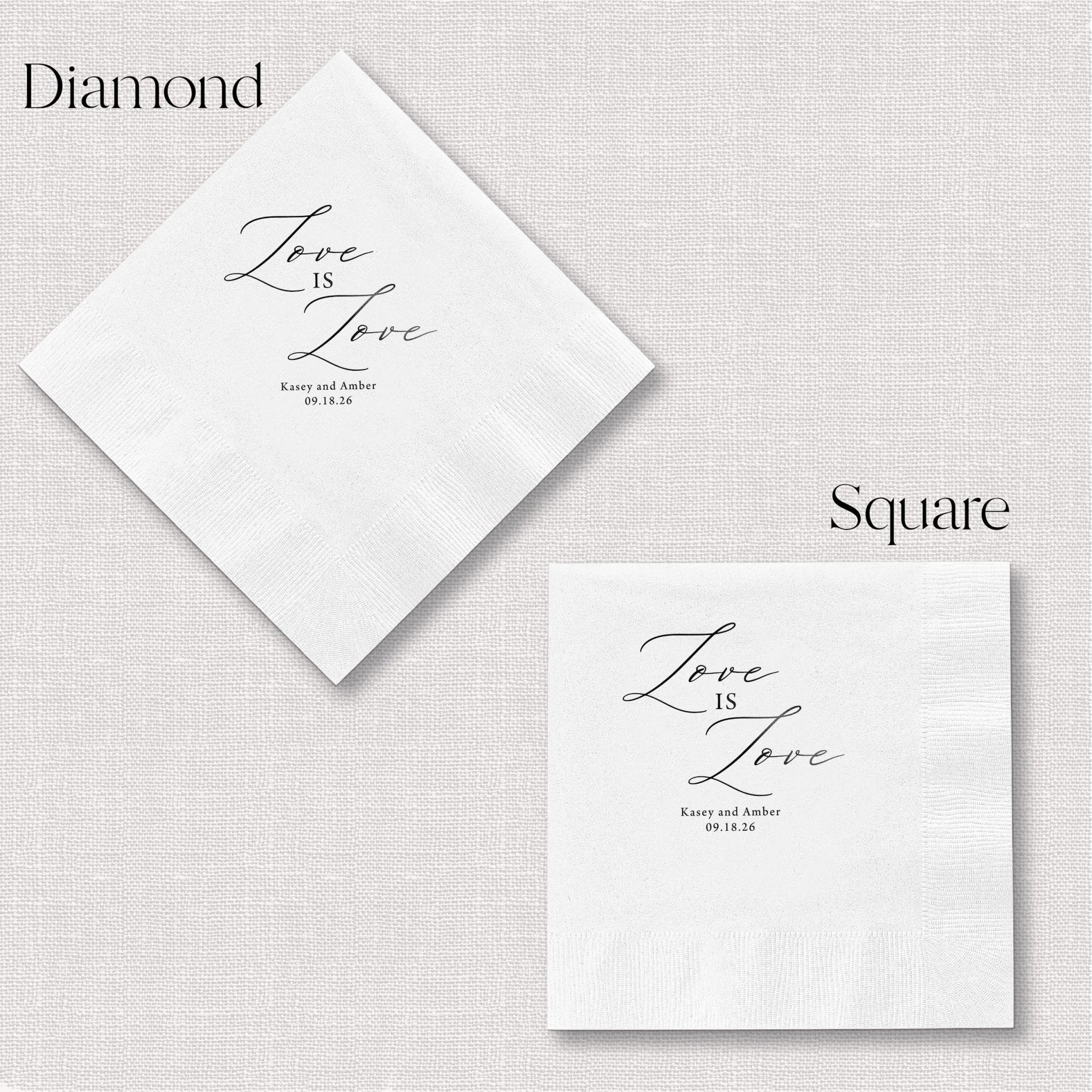 White napkins with "Love is Love" script design and personalization, shown in diamond and square folding styles