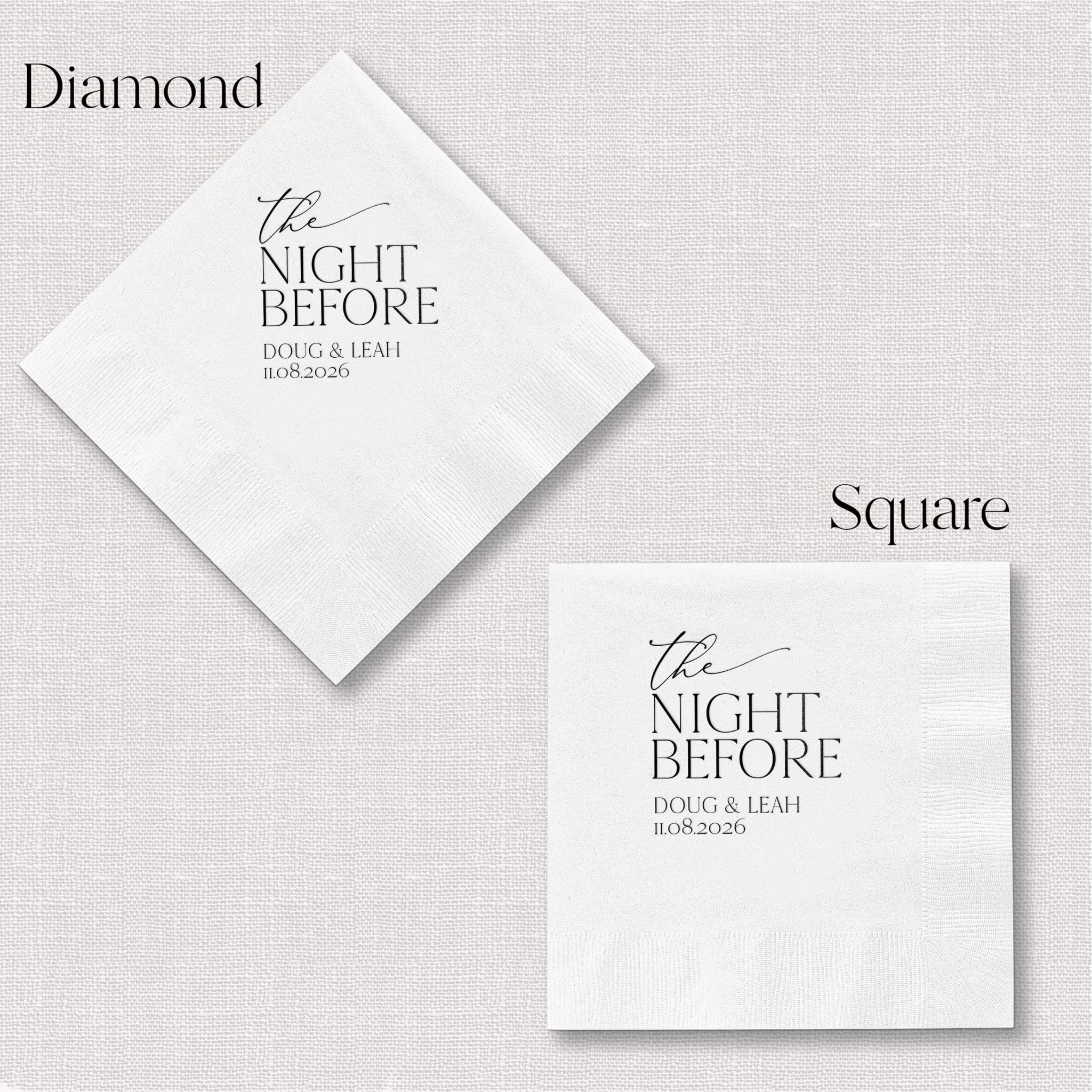 White cocktail napkins in diamond and square shapes with "The Night Before" foil-stamped text and personalized names.