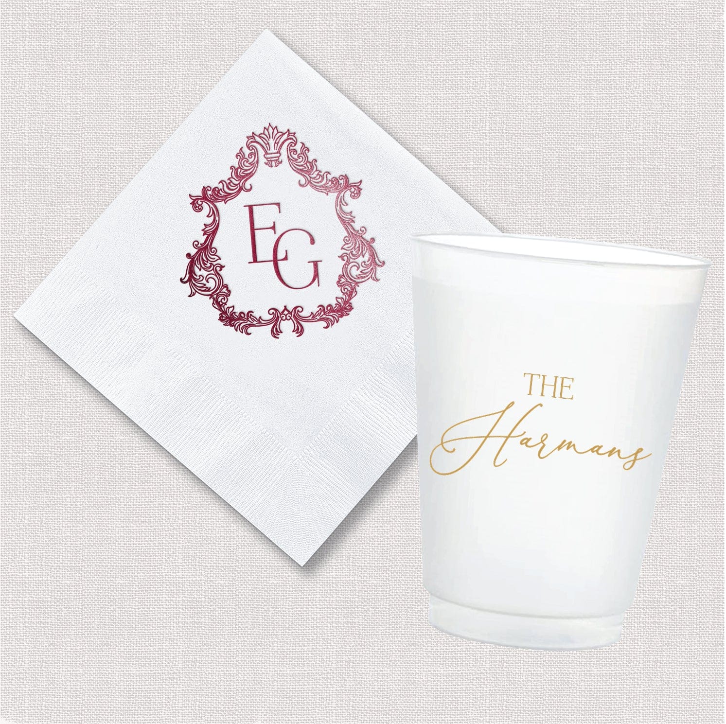 Ornate Crest Wedding Collection | Cocktail Napkin & Shatterproof Cup Bundle