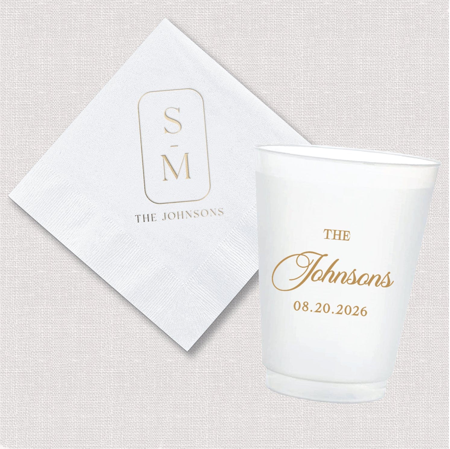 Modern Monogram Wedding Collection | Cocktail Napkin & Shatterproof Cup Bundle