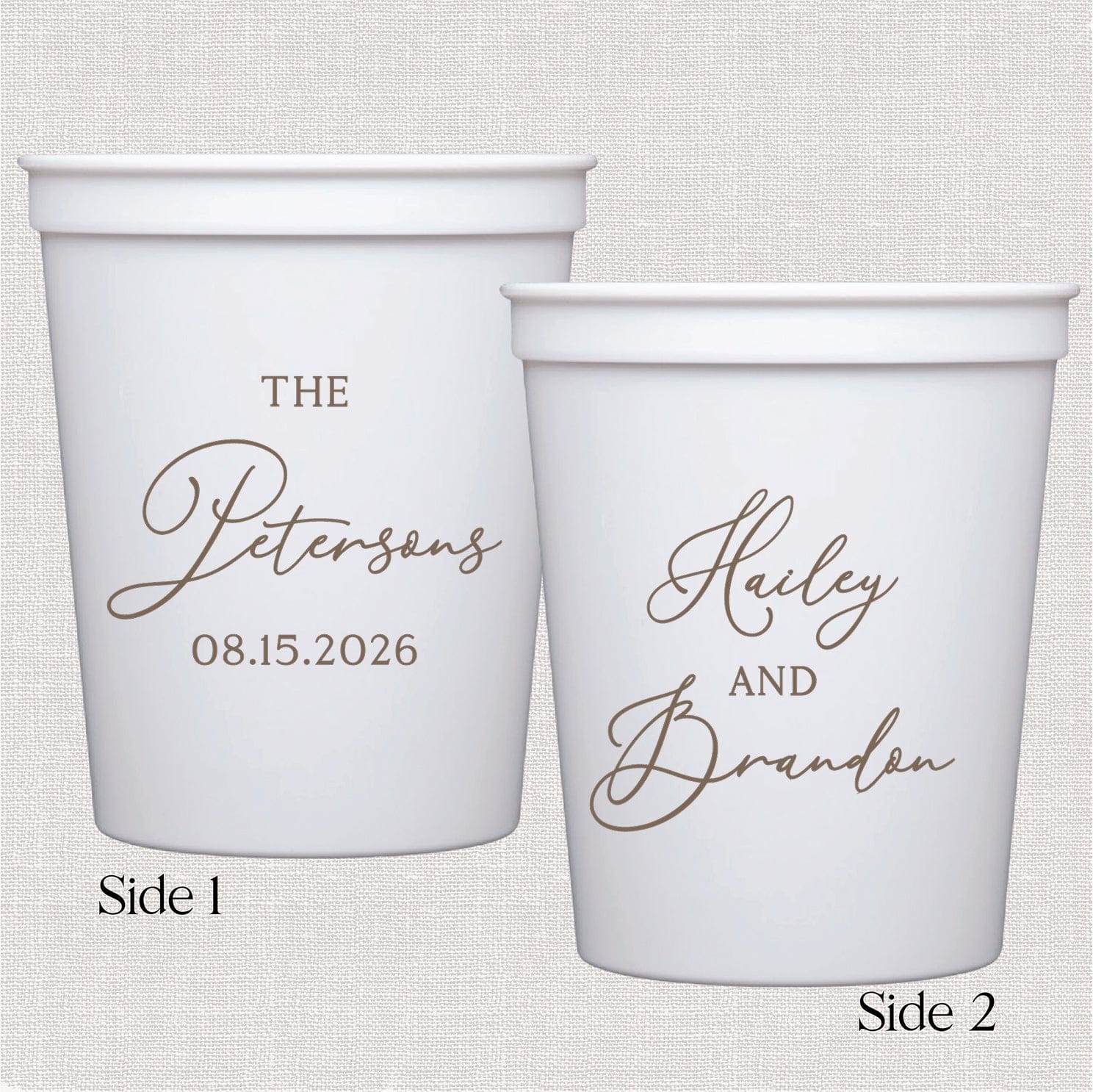 White plastic cups with elegant script text showing "The Petersons 08.15.2026" on one side and "Ashley and Brandon" on the other side