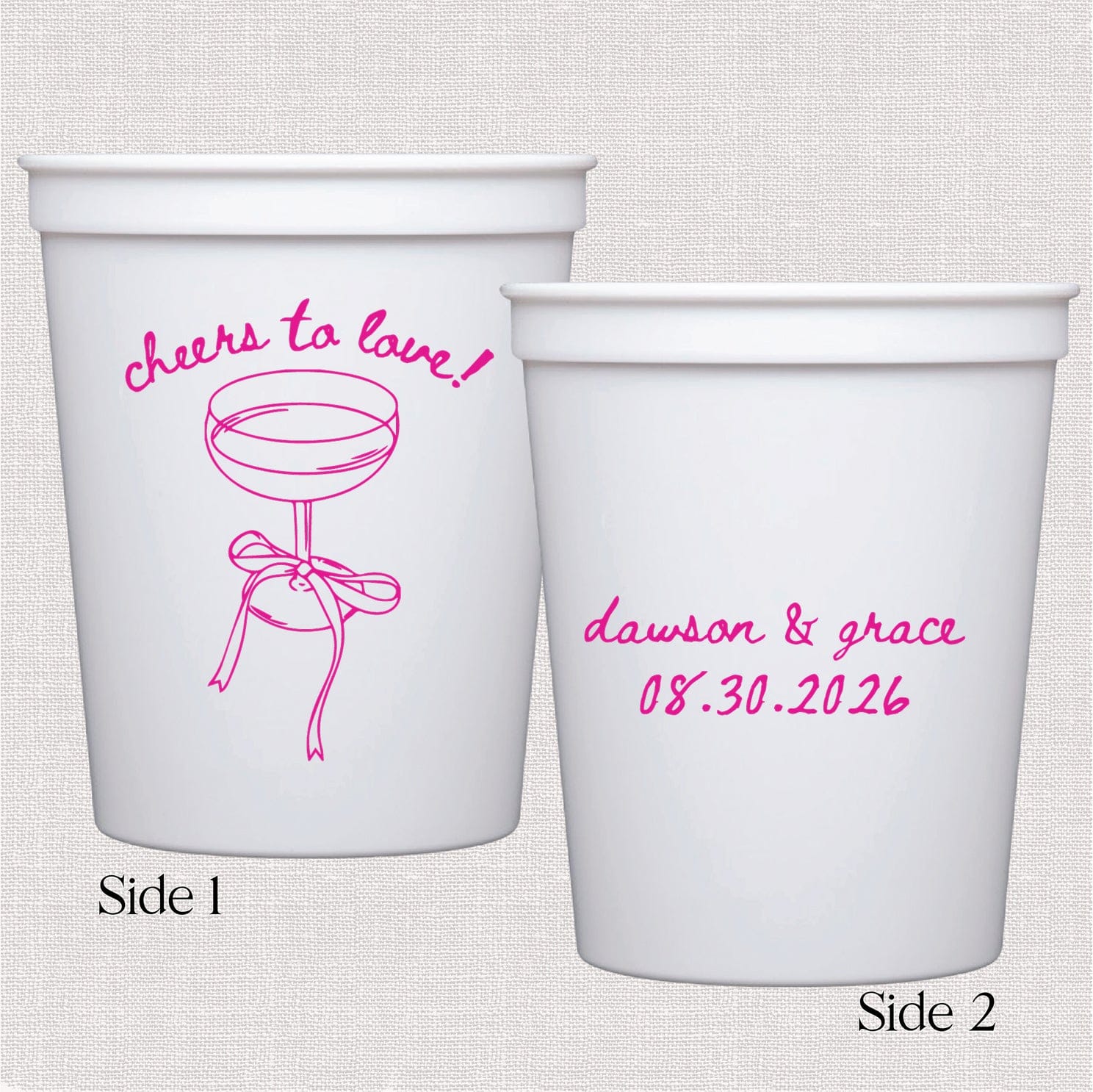 Two white plastic cups with pink line art design; front features stick figure holding margarita glass with "cheers to love" text, back personalized with names and wedding date.