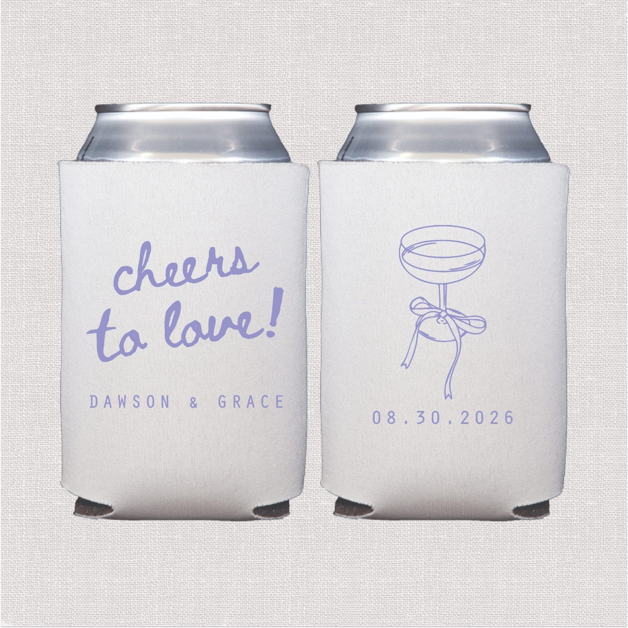 White can coolers with purple script text reading "cheers to love" and a martini glass design, personalized with names and wedding date.
