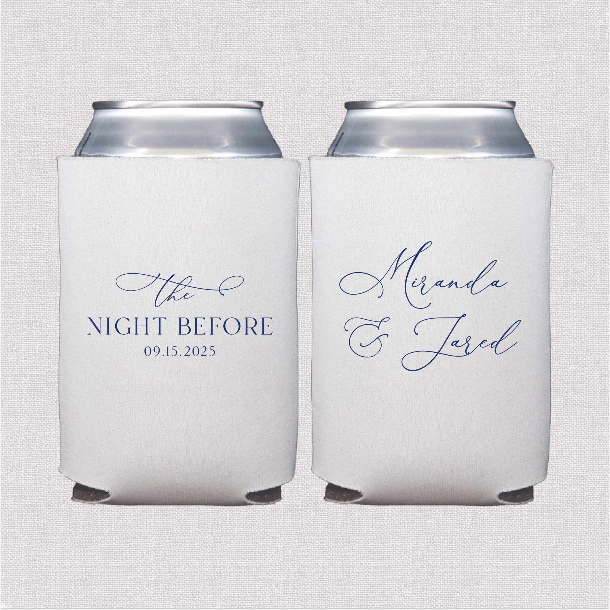 Two white neoprene can coolers with navy script text, one reading "The Night Before 09.15.2023" and the other "Alanda & Jared"