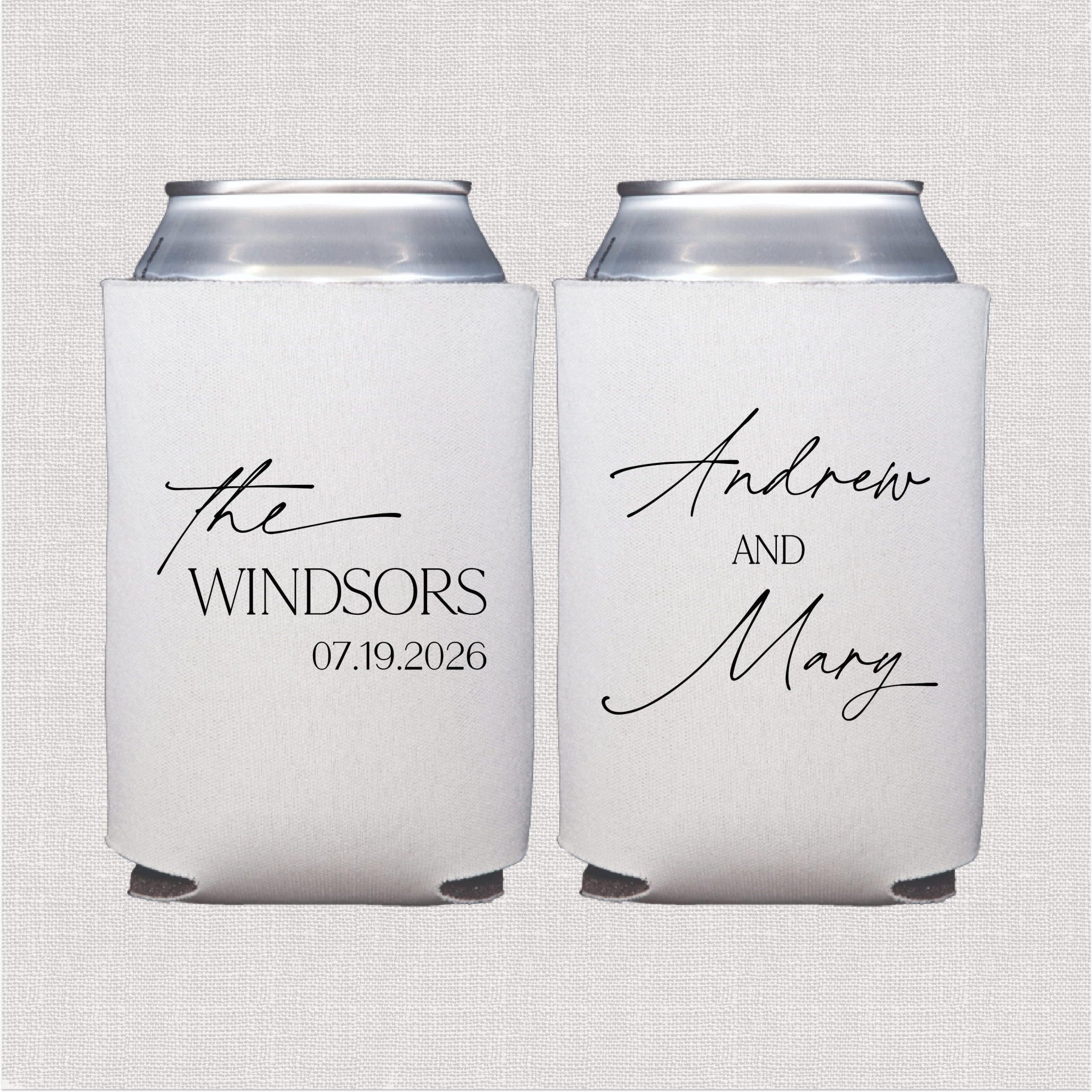 Pair of white can coolers with personalized elegant script names "the Windsors" and "Andrew and Mary" with wedding date 07.19.2026