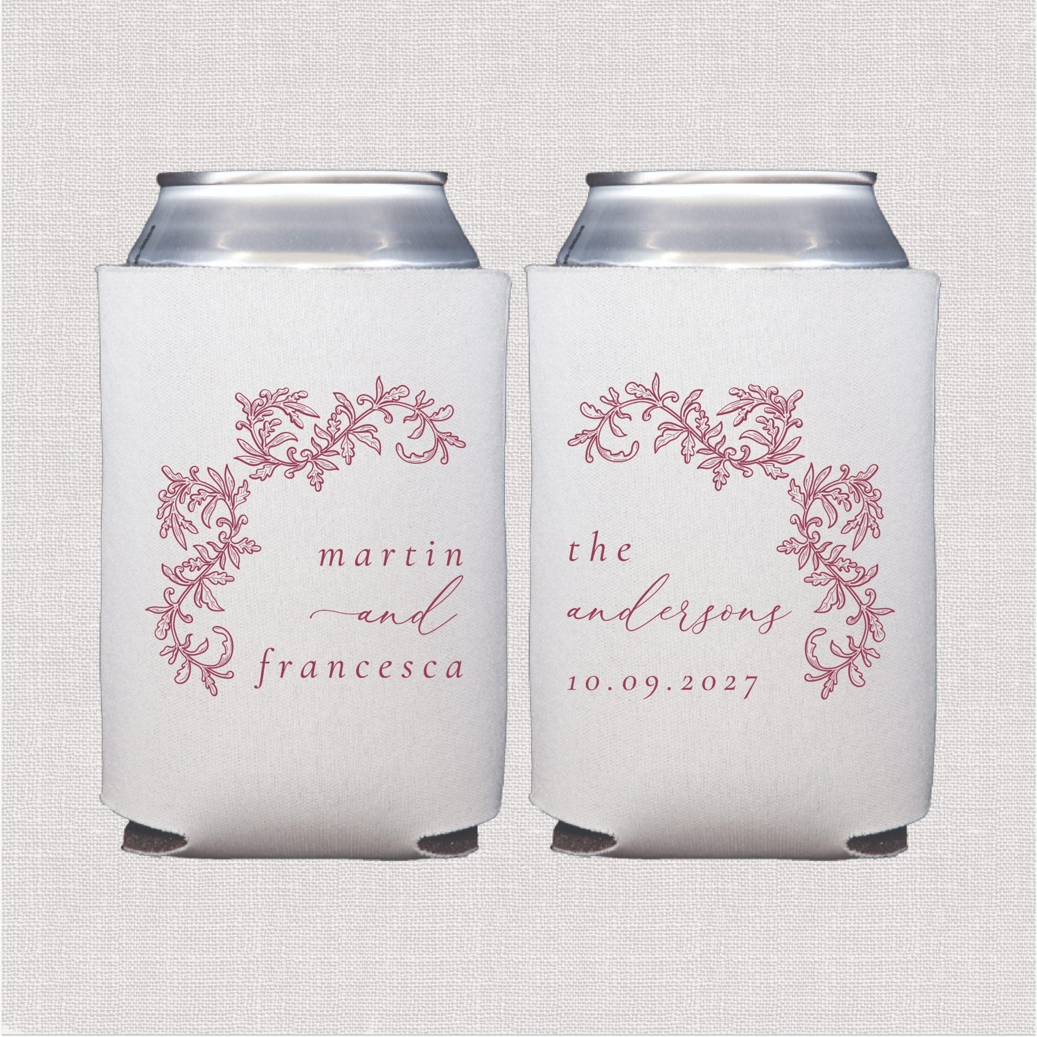 White can coolers with pink botanical wreath designs and personalized names "martin and francesca" with wedding date 10.09.2027
