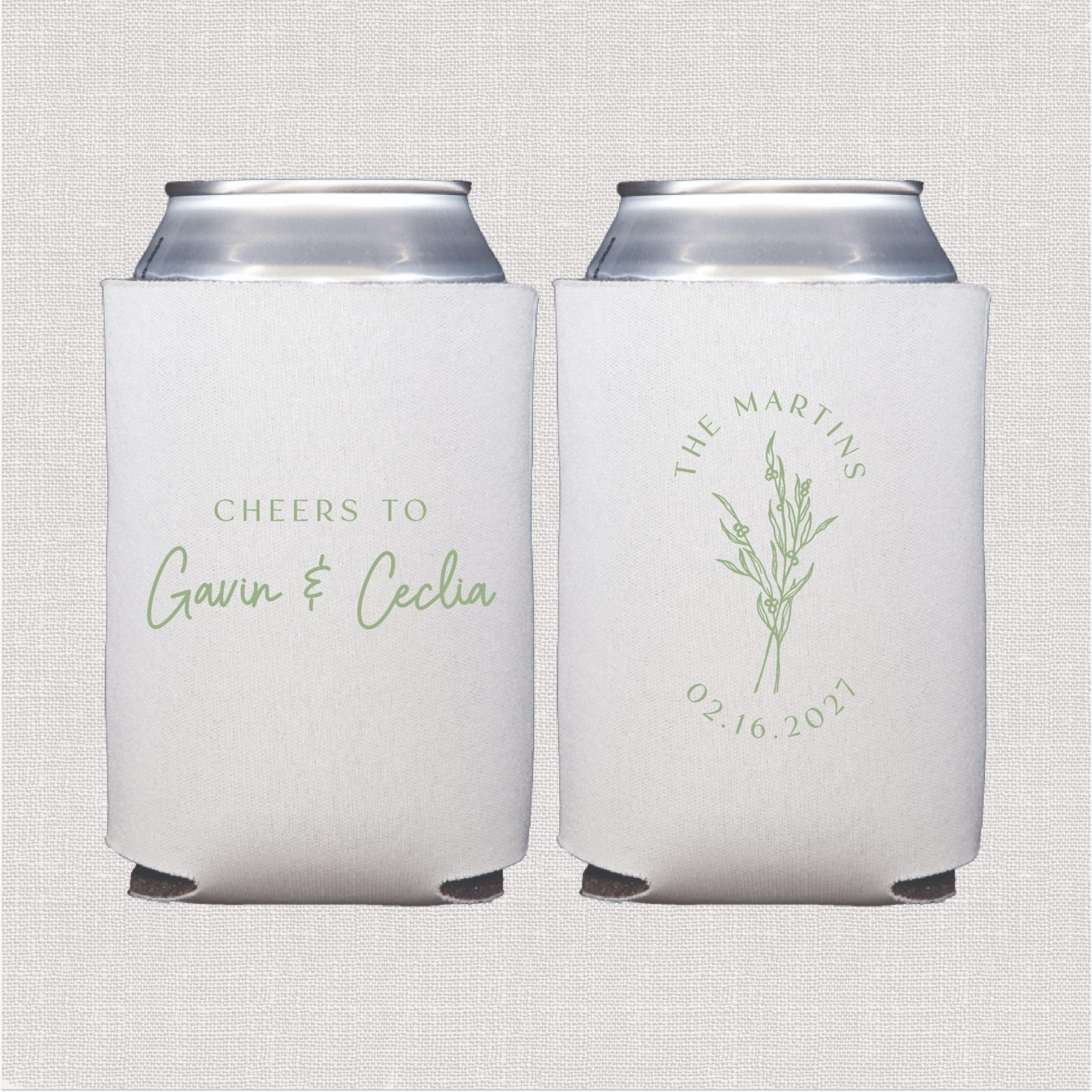 White can coolers with personalized botanical design, one side reads "Cheers to Gavin & Cecilia" and reverse shows "The Martins" with greenery and wedding date 06.16.2021