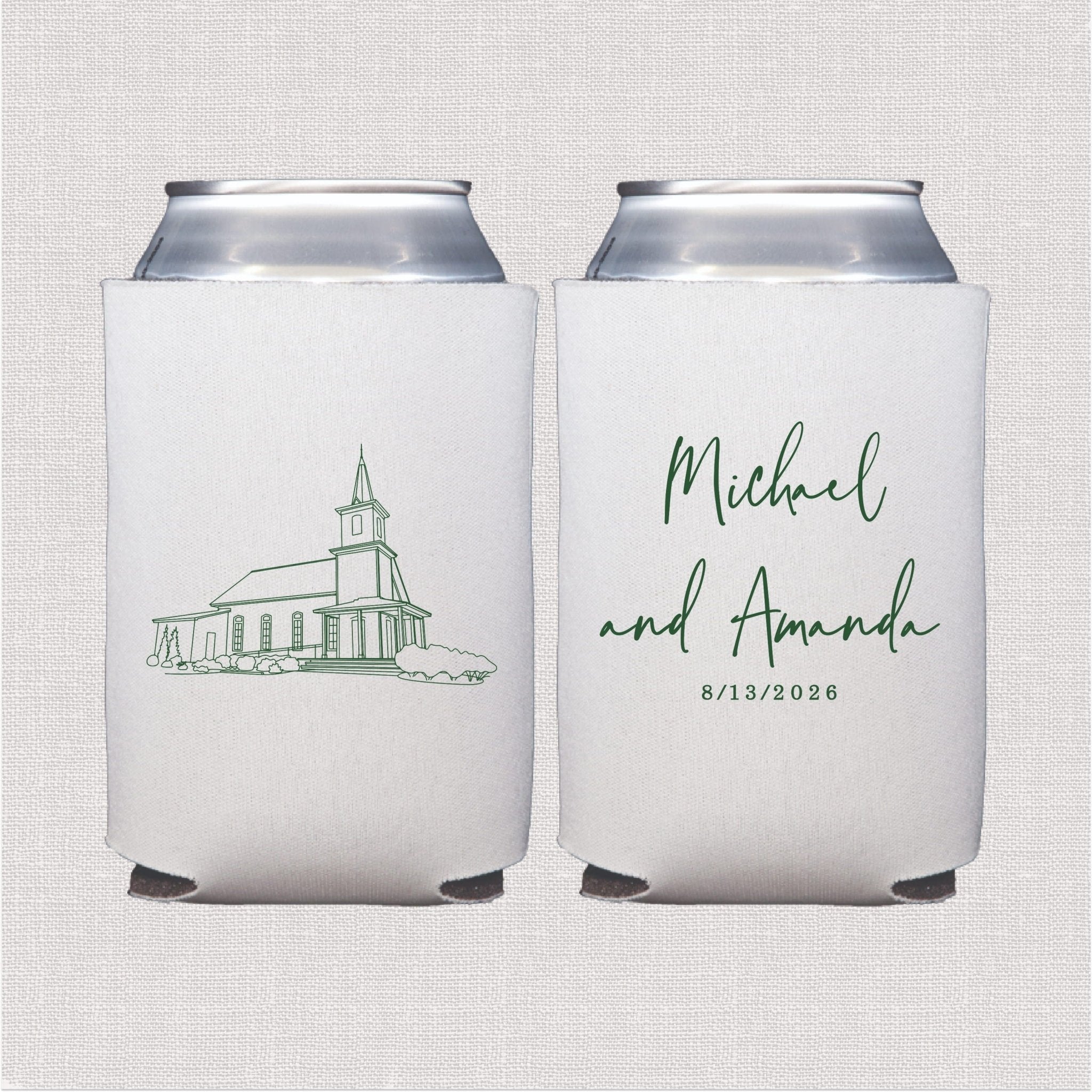 White neoprene can coolers with green church illustration on front and personalized names with wedding date on back.