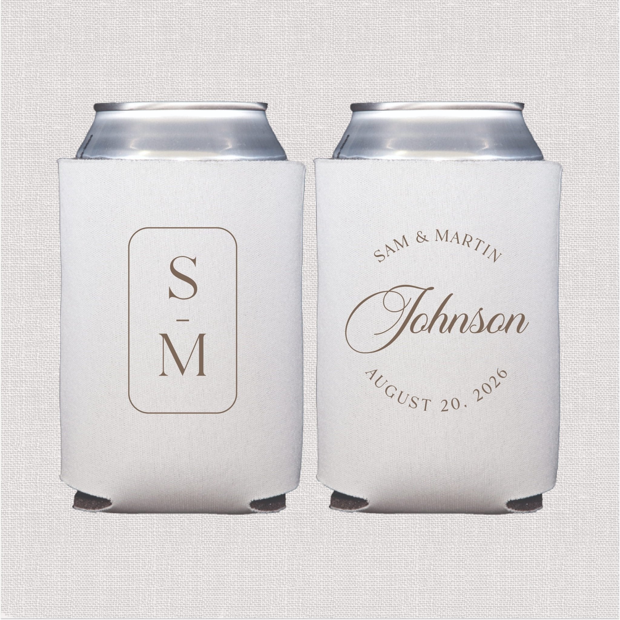 White can coolers with monogram initials on front and couple names with wedding date on back