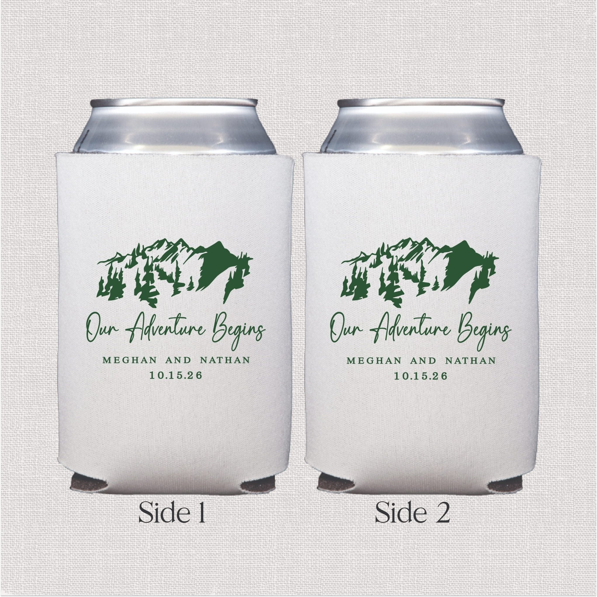 White can coolers with green mountain design and "Our Adventure Begins" text personalized with names and wedding date