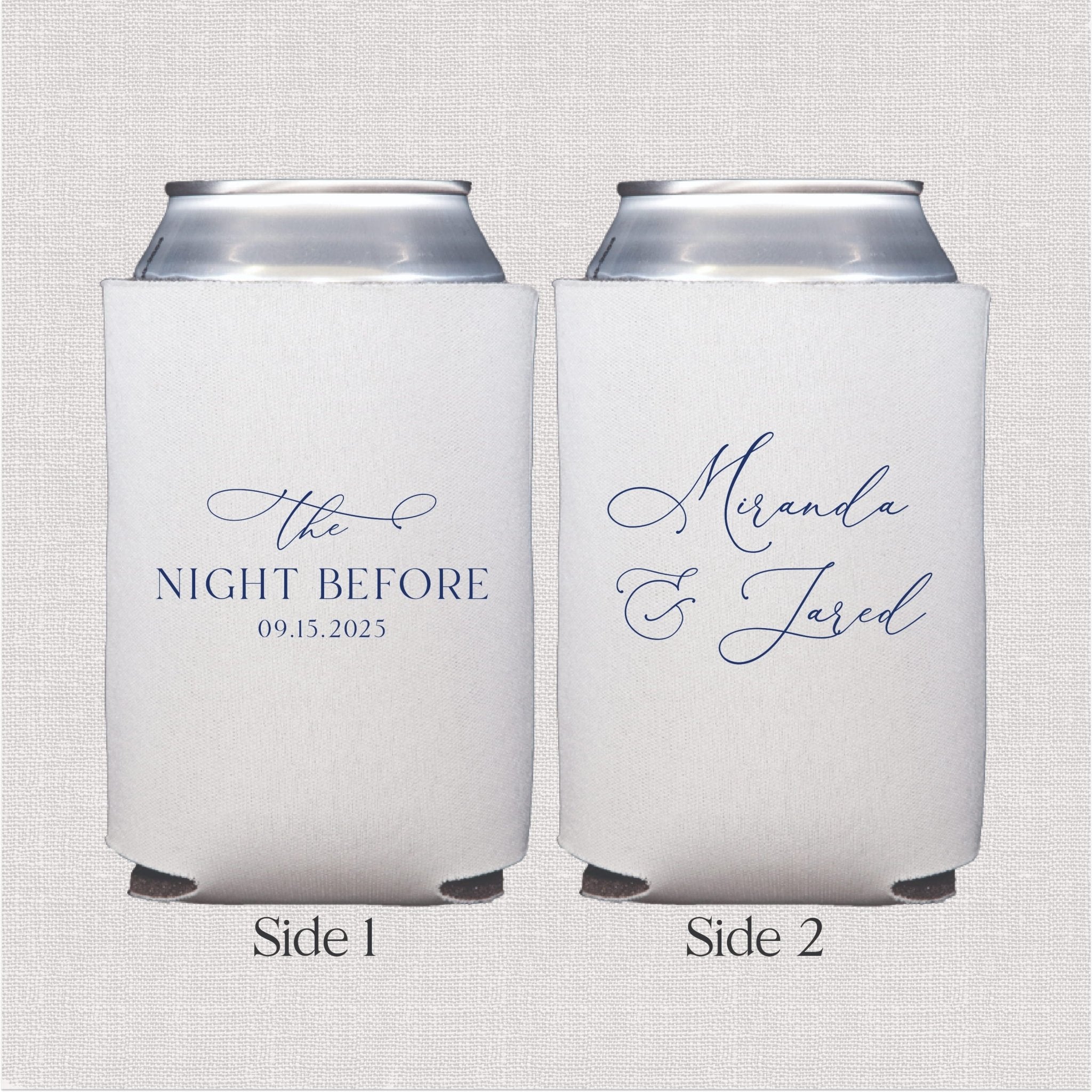 White can coolers with navy script text, one side reads "The Night Before 09.15.2023" and reverse reads "Miranda & Jared"