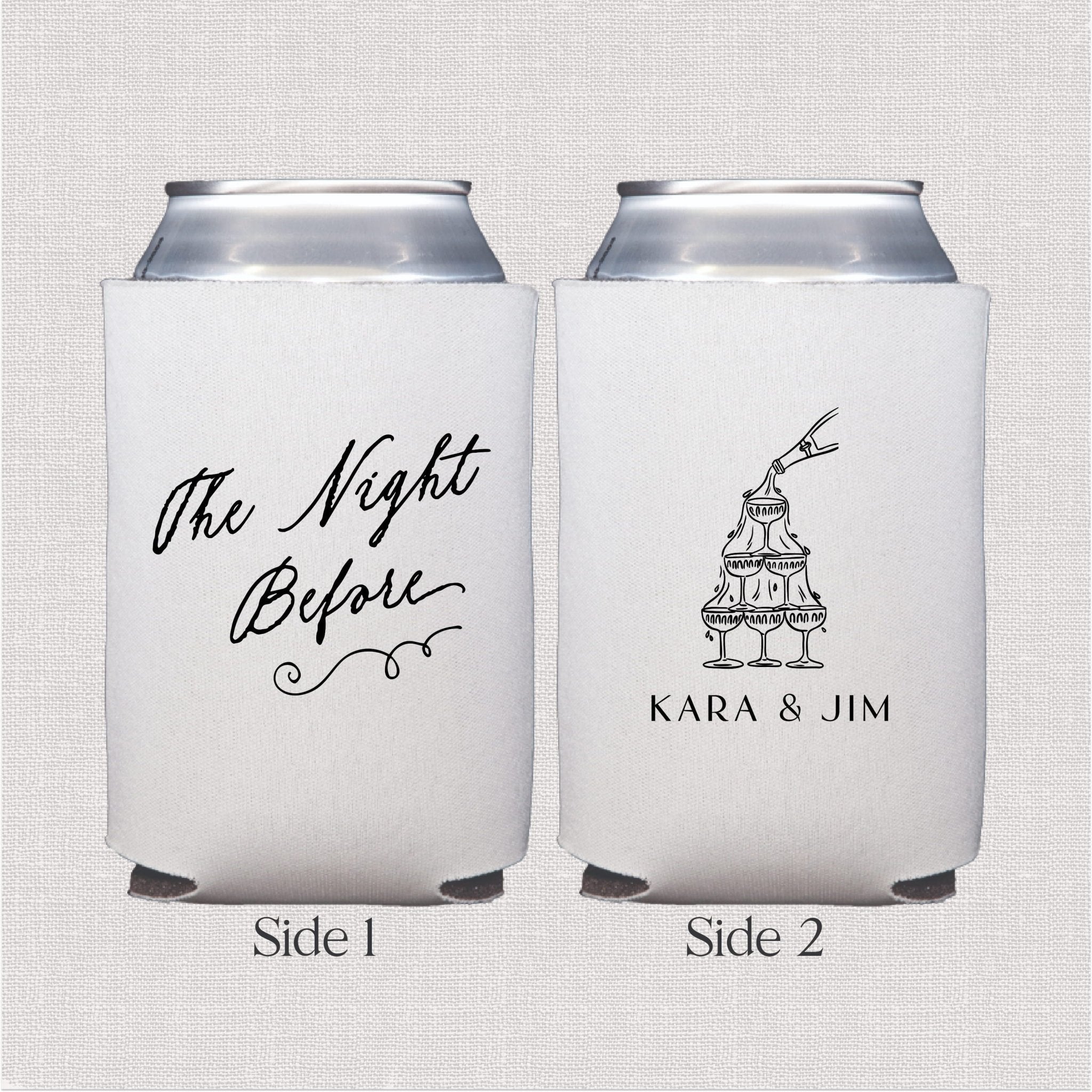 White foam can coolers with "The Night Before" script text on one side and wedding cake design with "KARA & JIM" on the reverse side.