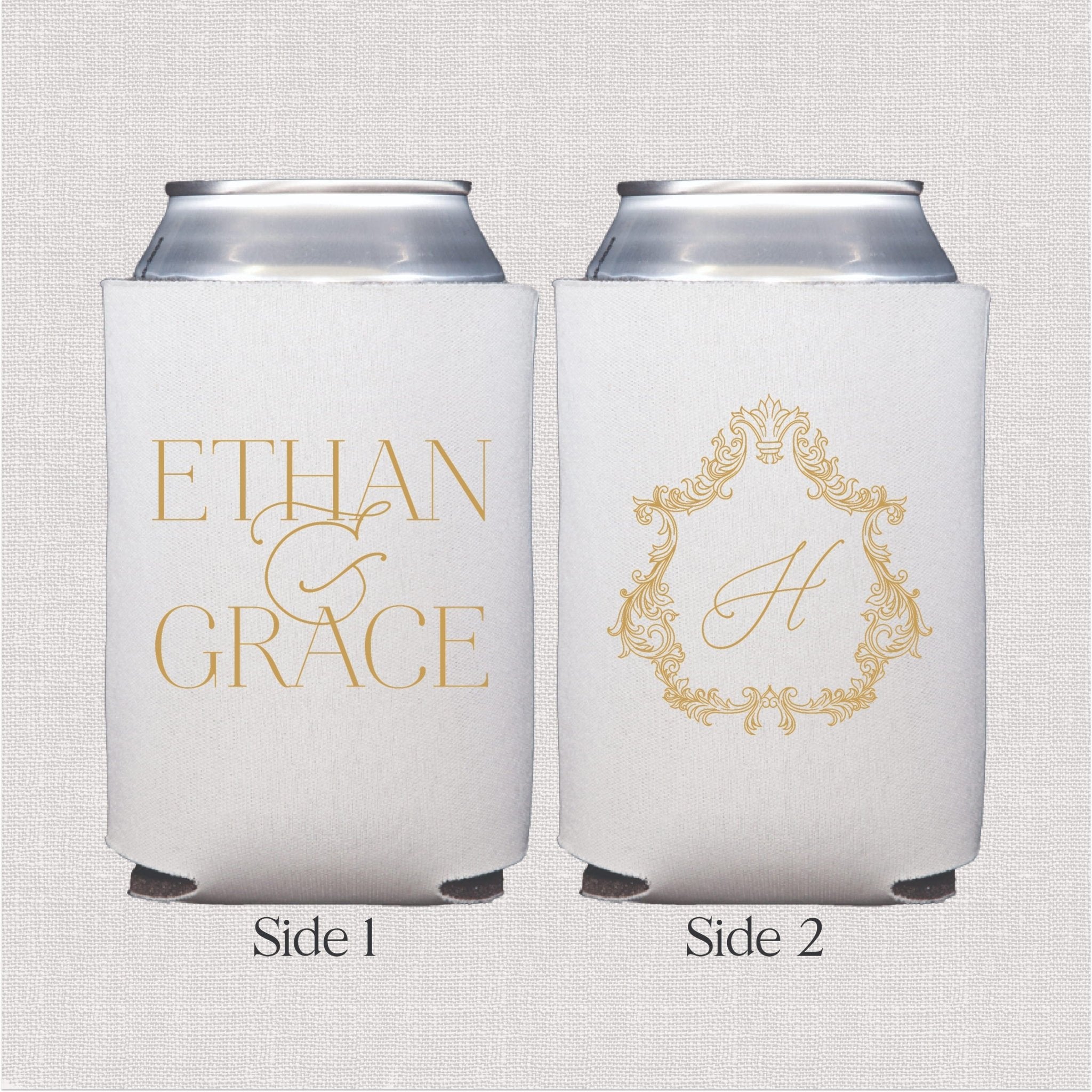 White can coolers with gold foil design, one side reads "ETHAN & GRACE" and reverse shows ornate baroque crest monogram with initial A