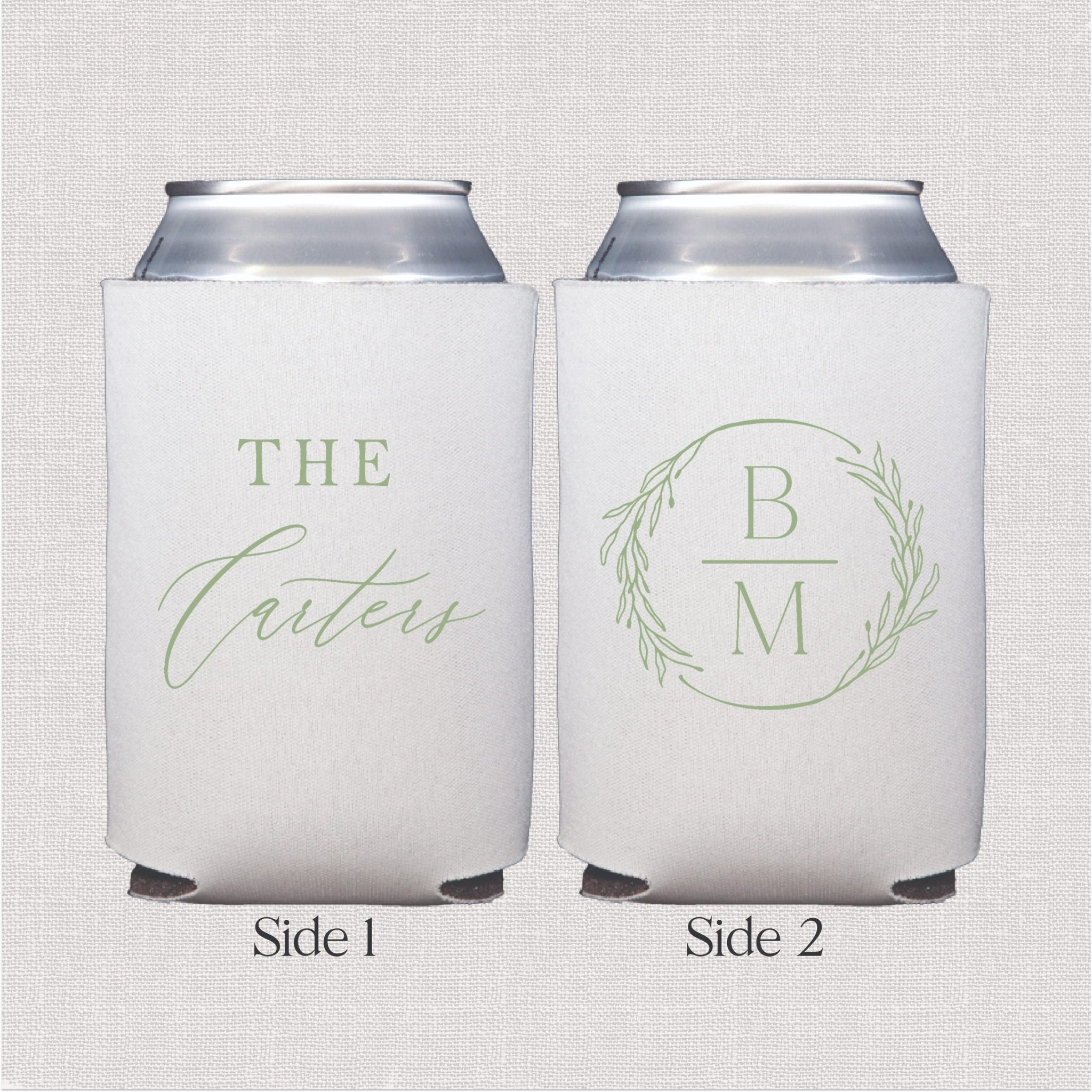 White can coolers with sage green script and monogram wreath design on front and back sides