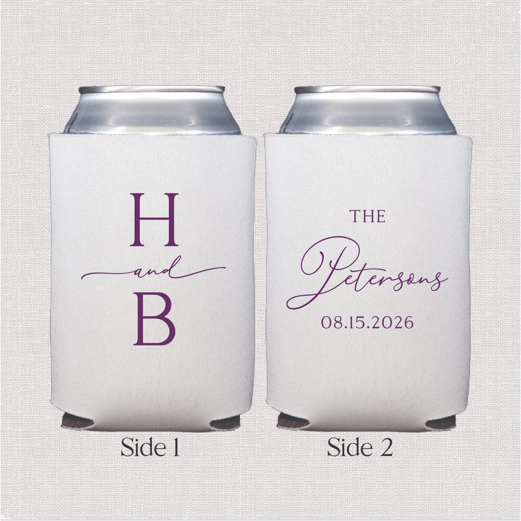 White can coolers with purple script initials H and B on front, The Petersons and wedding date 08.15.2026 on back