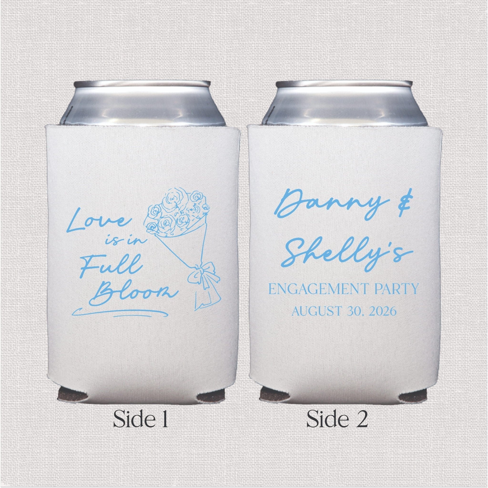 White can coolers with blue floral design and personalized text reading "Love Is In Full Bloom" and "Danny & Shelly's Engagement Party August 30, 2026"