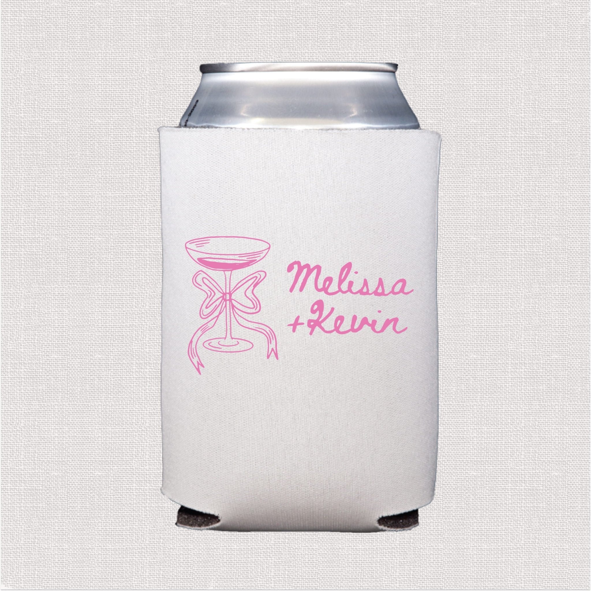 White can cooler with pink hourglass and script wedding text design