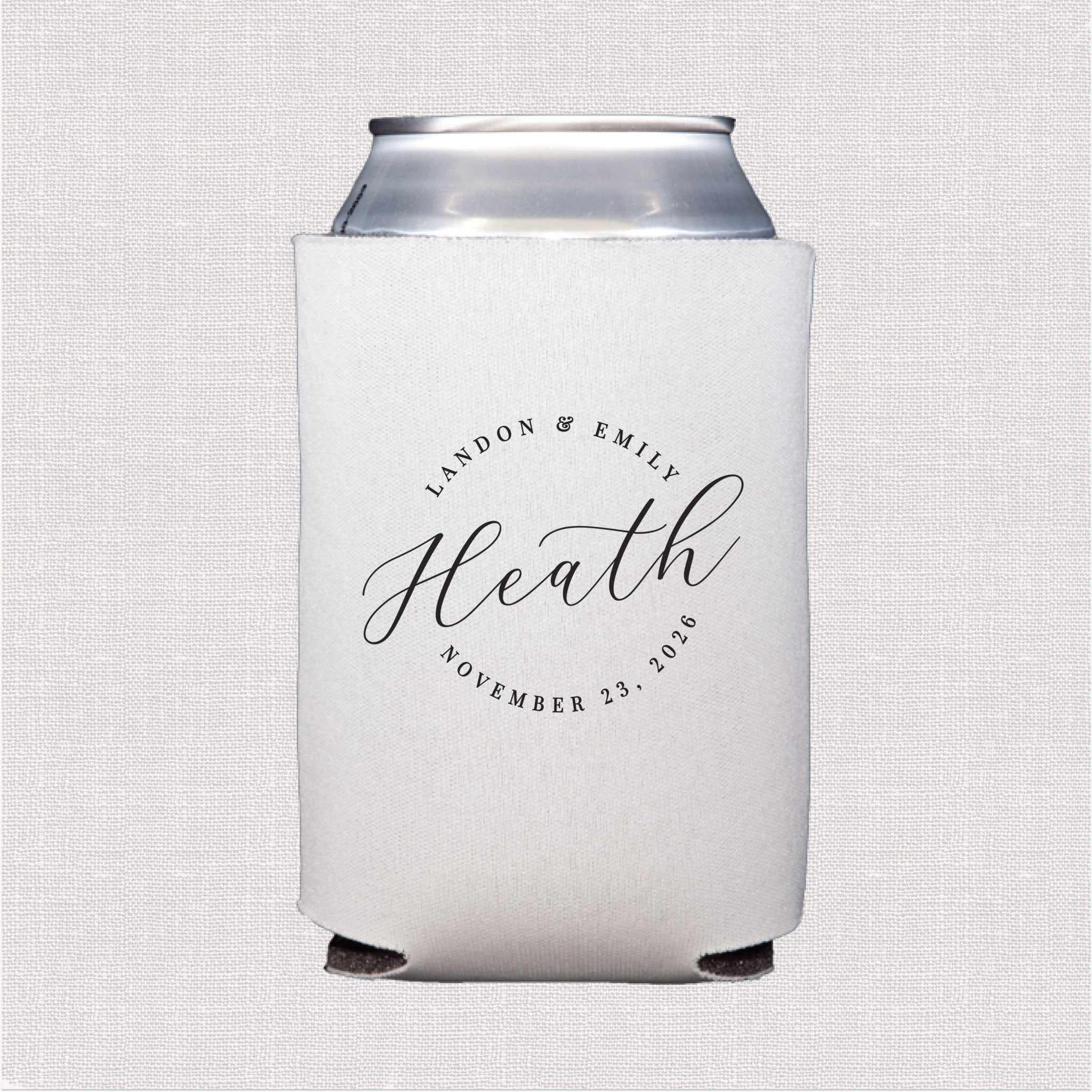 White can cooler with personalized wedding text and script name in black ink design