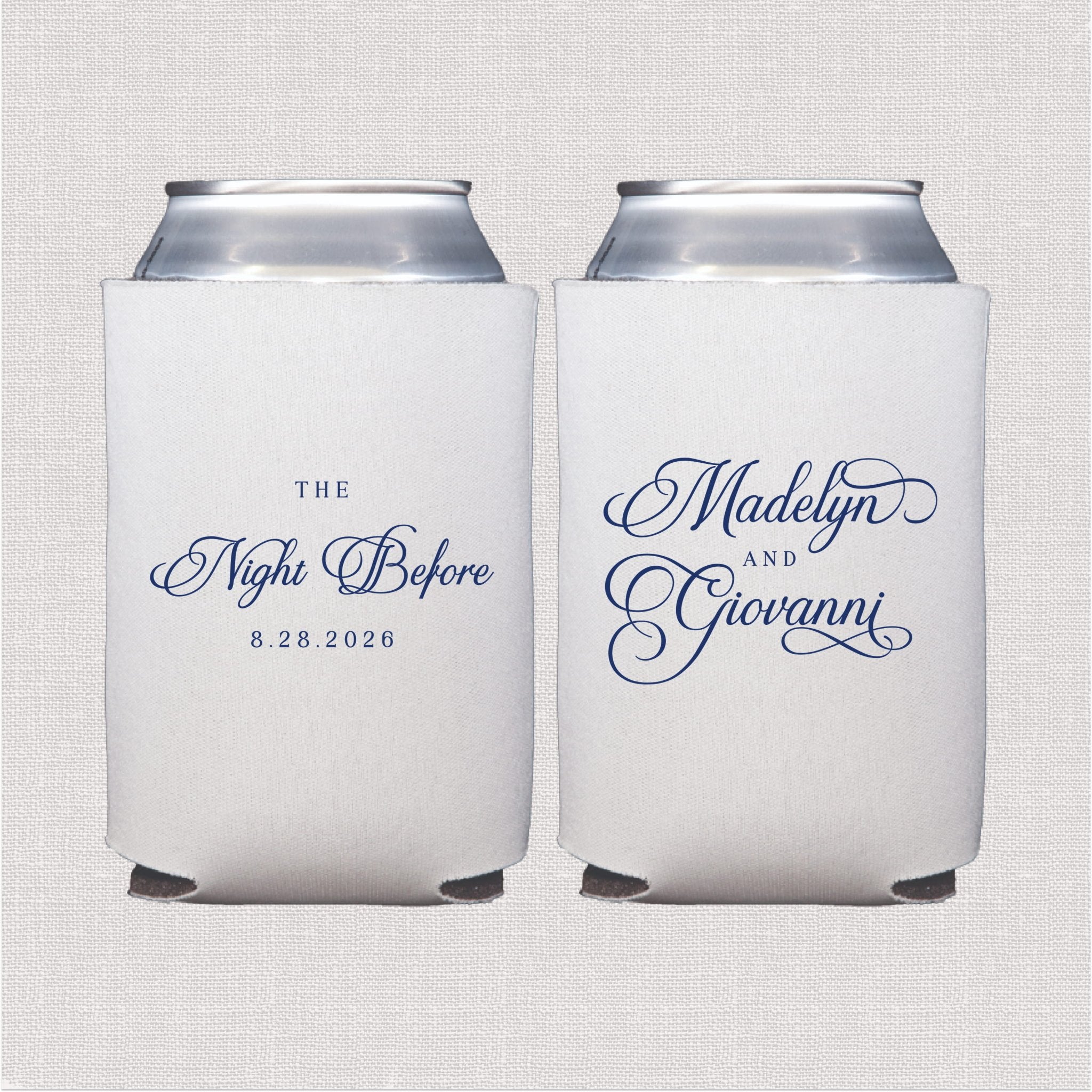 White can cooler with navy script wedding text design