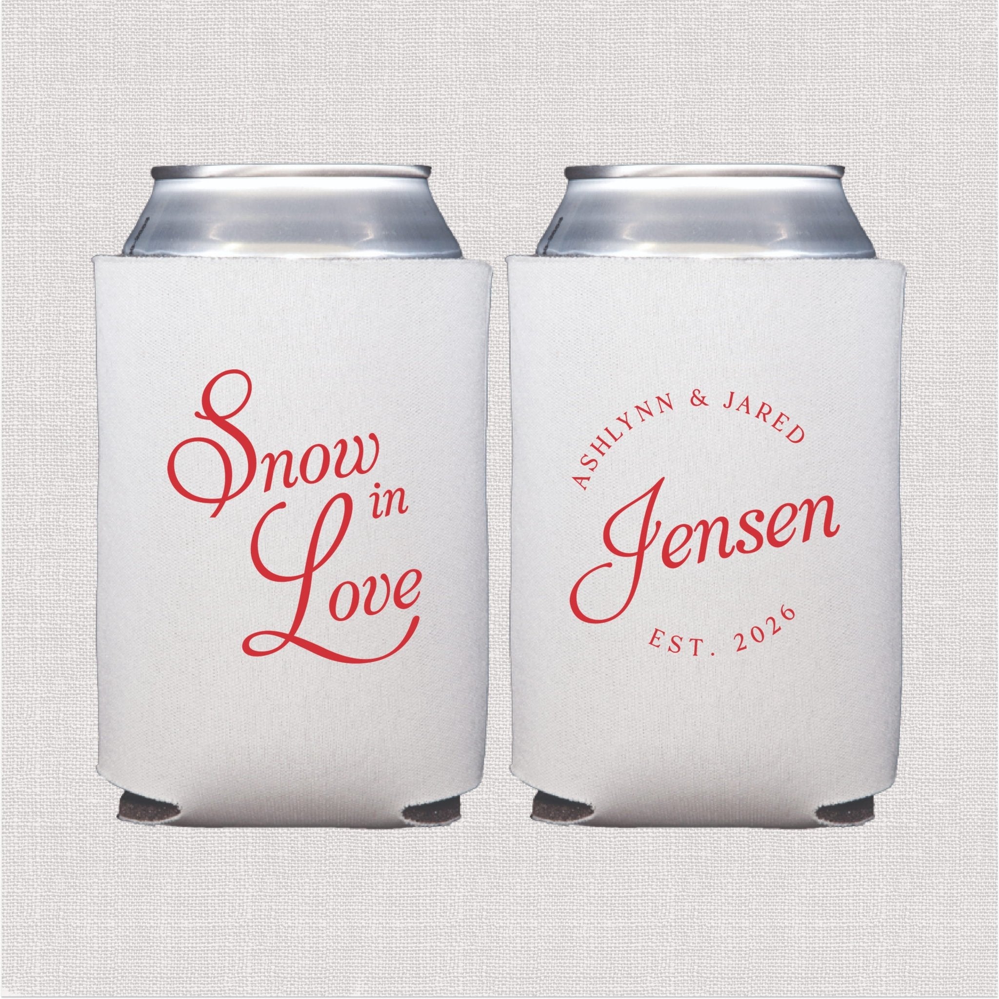 White can cooler with coral script wedding text and personalized couple name design