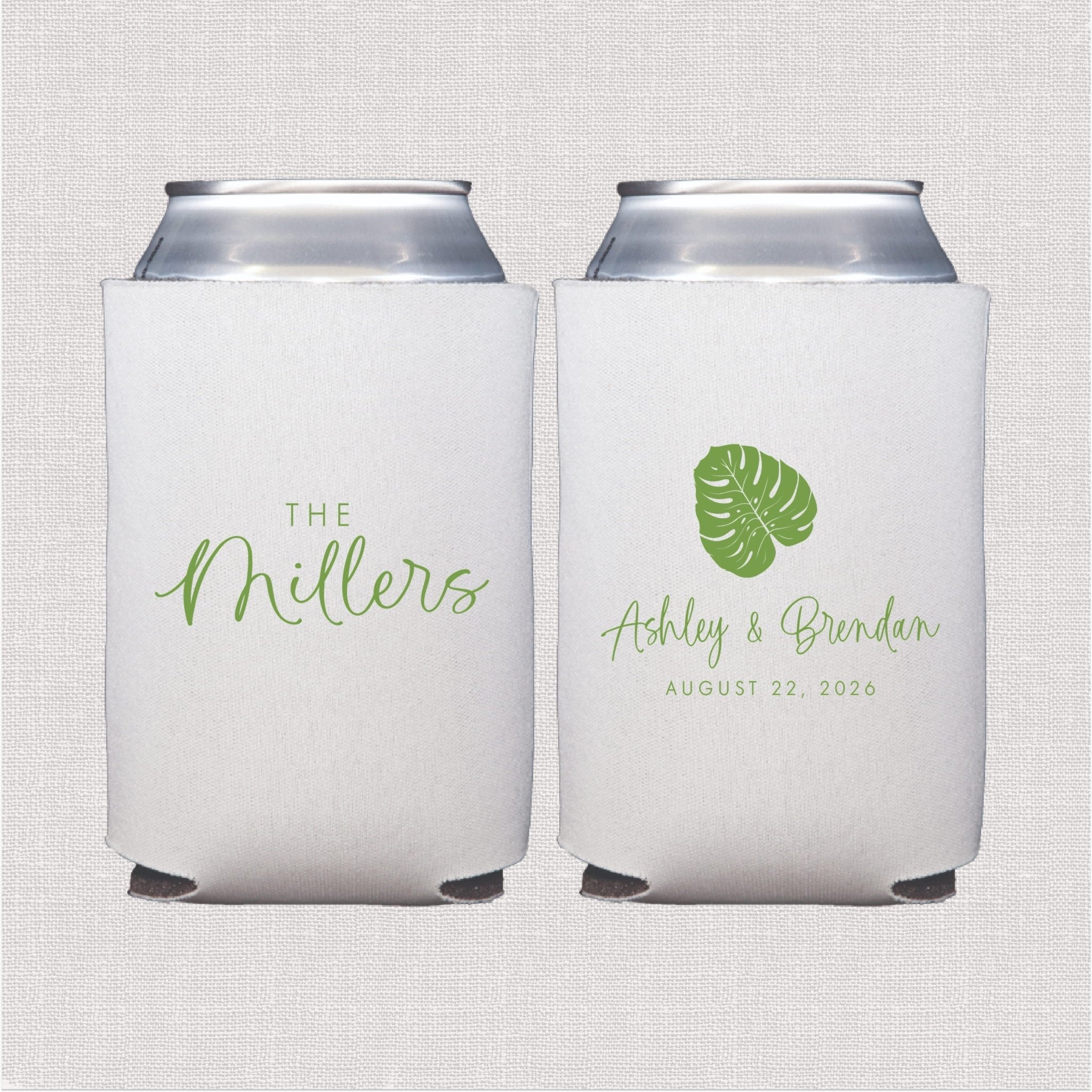 White can cooler with sage green tropical leaf and personalized wedding text design