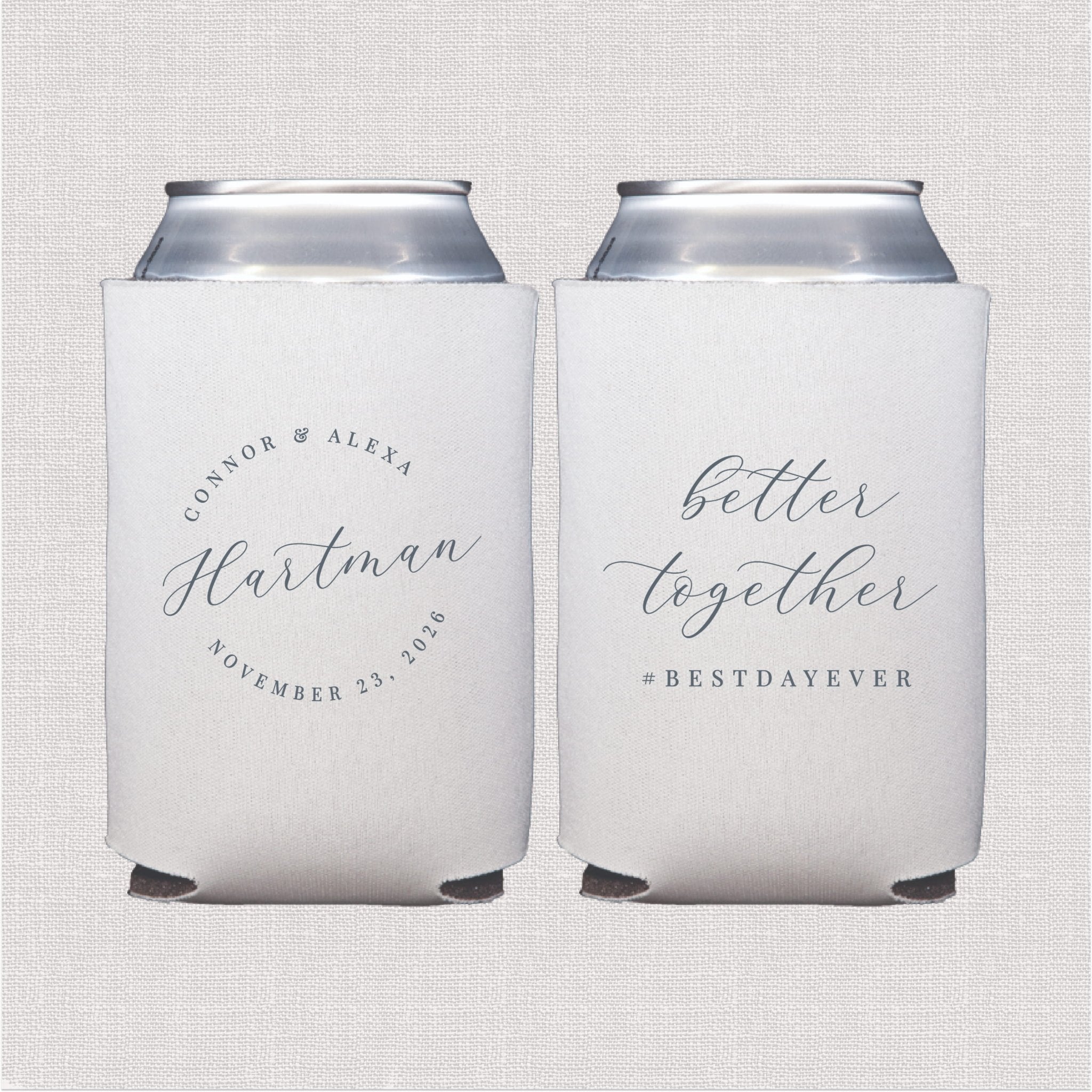 White can coolers with script wedding text and circular personalized design in gray ink