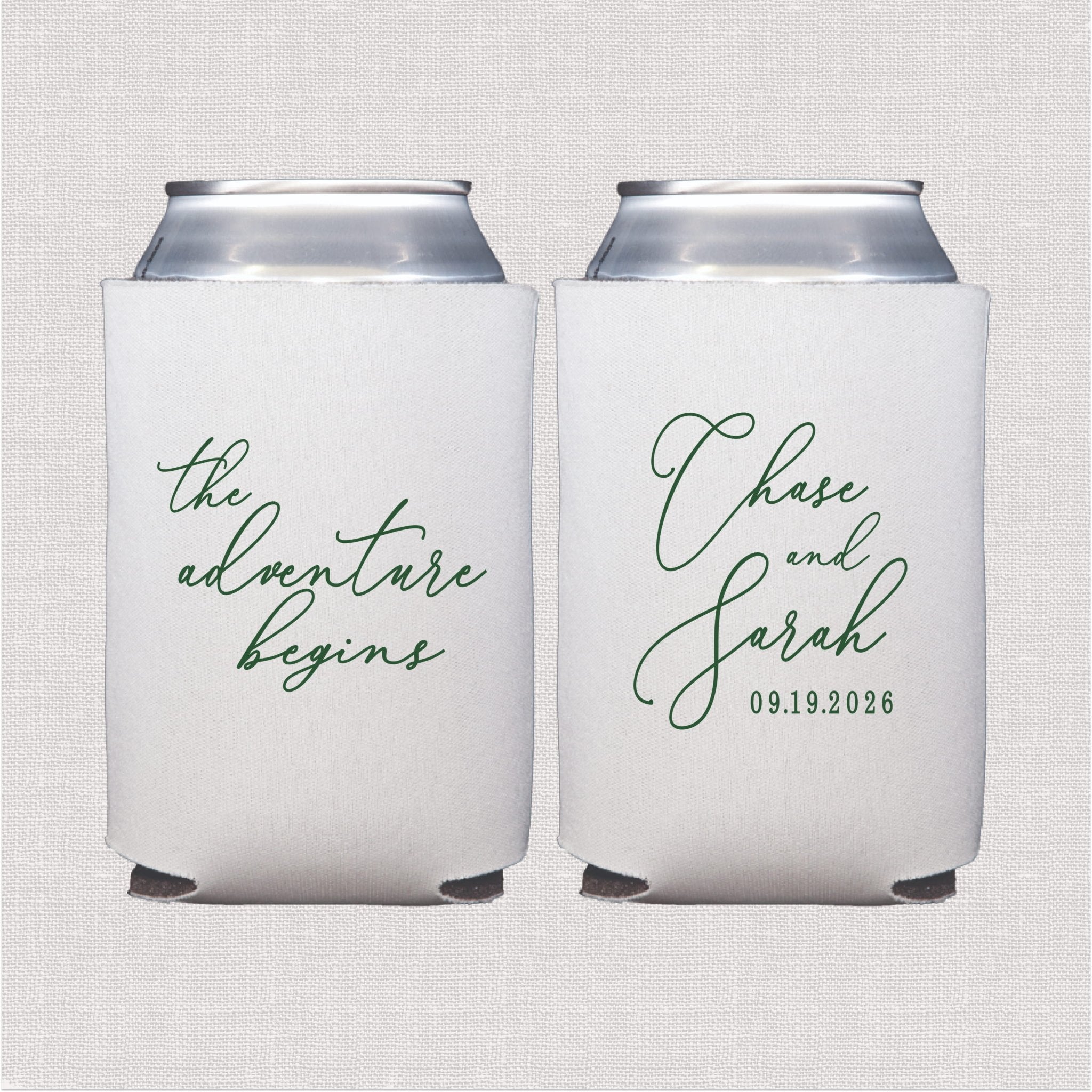 White can coolers with sage green script wedding text and personalized couple names with date