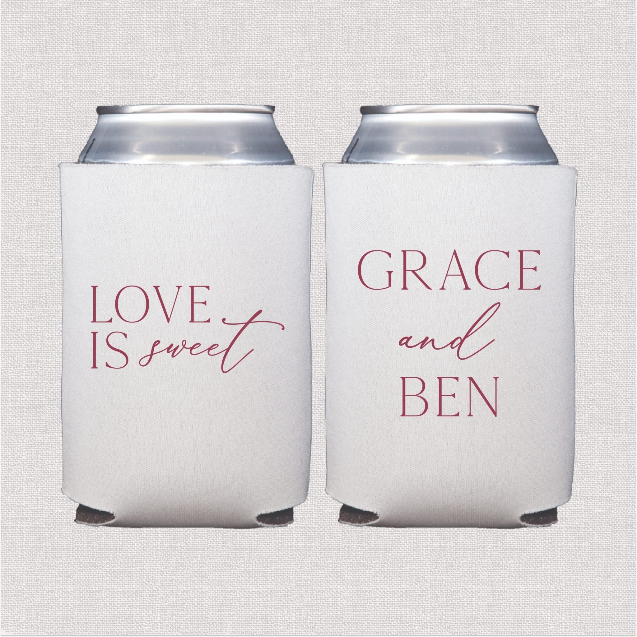 White can coolers with mauve script wedding text design
