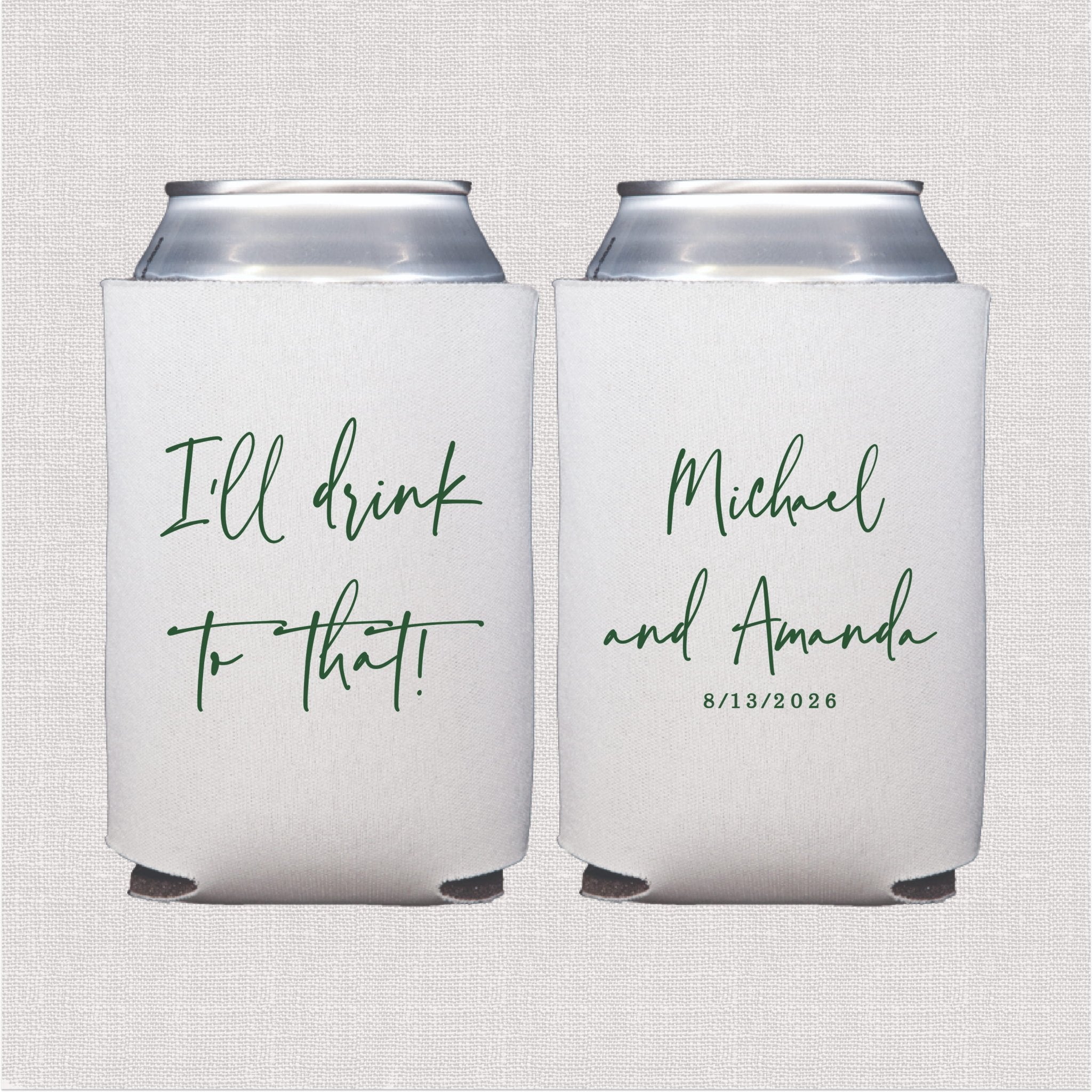 White can coolers with script wedding text and personalized couple names in sage green print